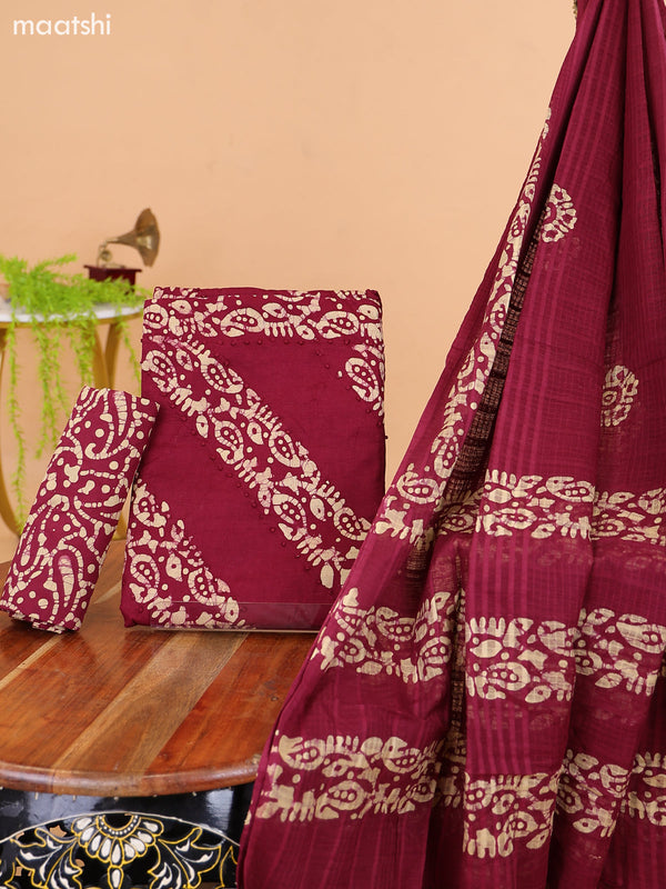 Maroon and Biege Cotton Dress Material With Batik Prints & French Knot Work Pattern and Bottom & Dupatta