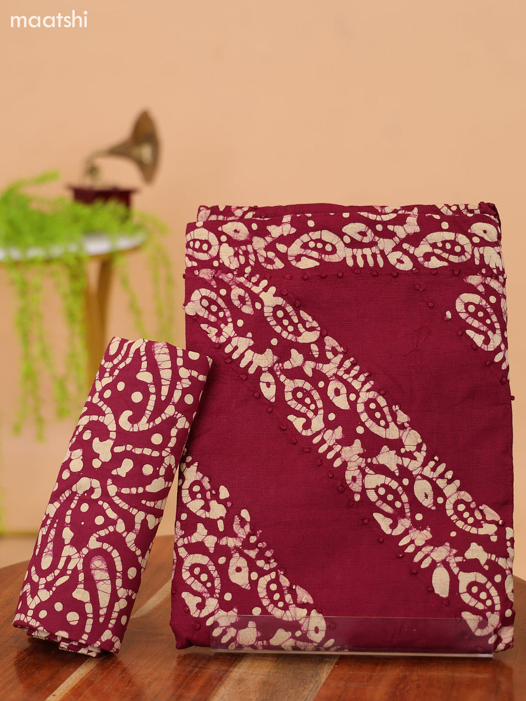 Maroon and Biege Cotton Dress Material With Batik Prints & French Knot Work Pattern and Bottom & Dupatta