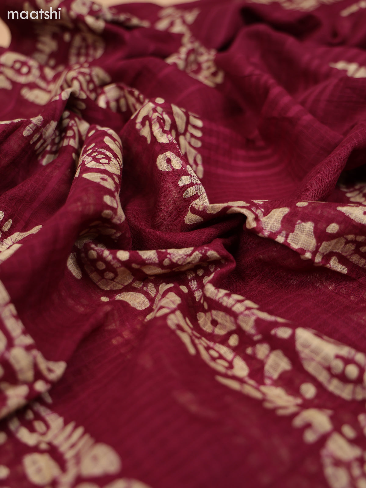 Maroon and Biege Cotton Dress Material With Batik Prints & French Knot Work Pattern and Bottom & Dupatta