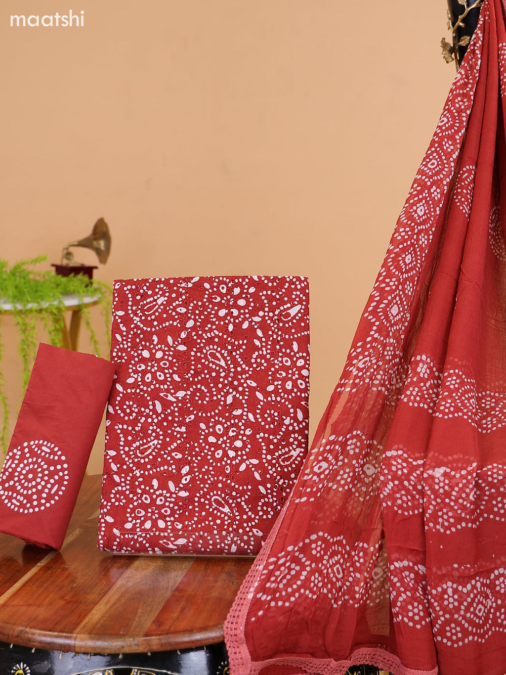 Rust and Off White Cotton Dress Material With Batik Prints & Hakoba Work Pattern and Bottom & Dupatta