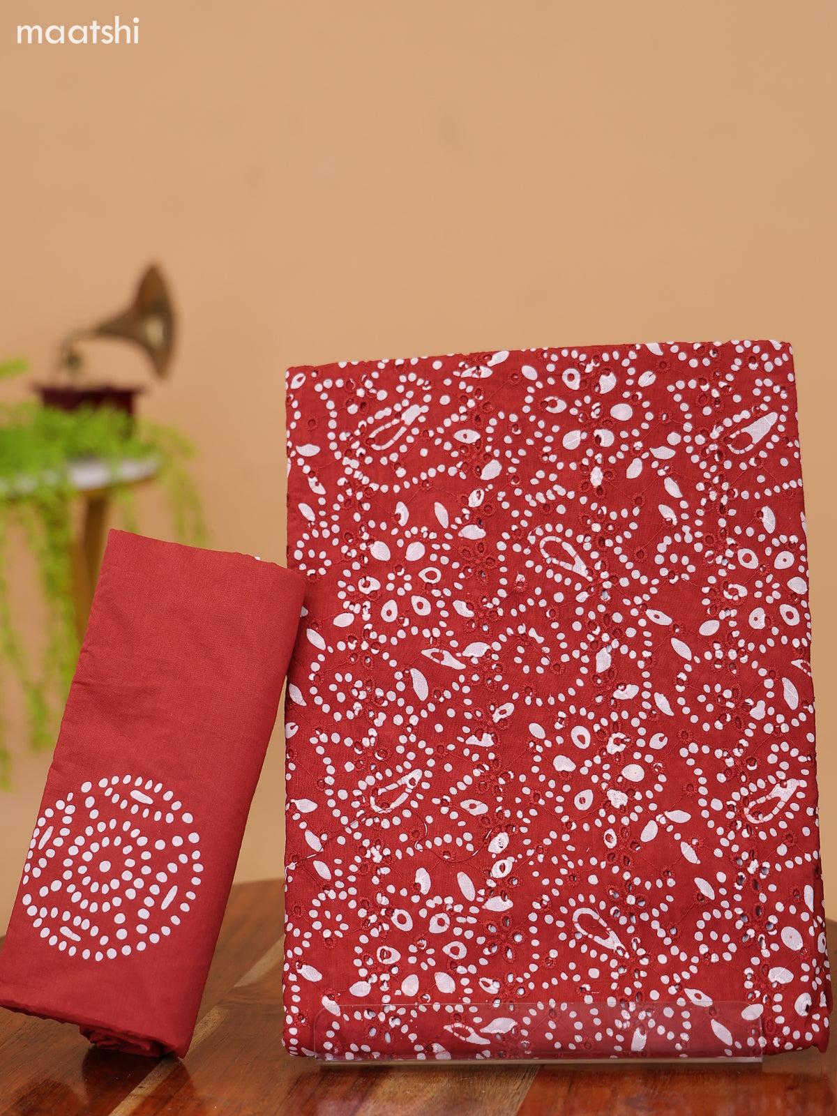 Rust and Off White Cotton Dress Material With Batik Prints & Hakoba Work Pattern and Bottom & Dupatta