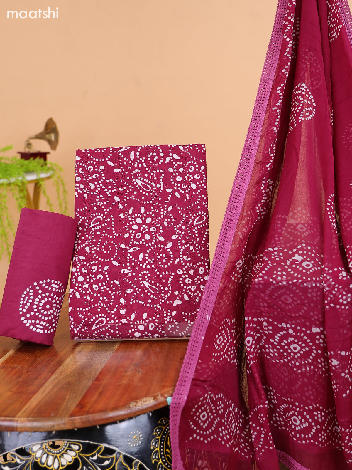 Maroon and Off White Cotton Dress Material With Batik Prints & Hakoba Work Pattern and Bottom & Dupatta