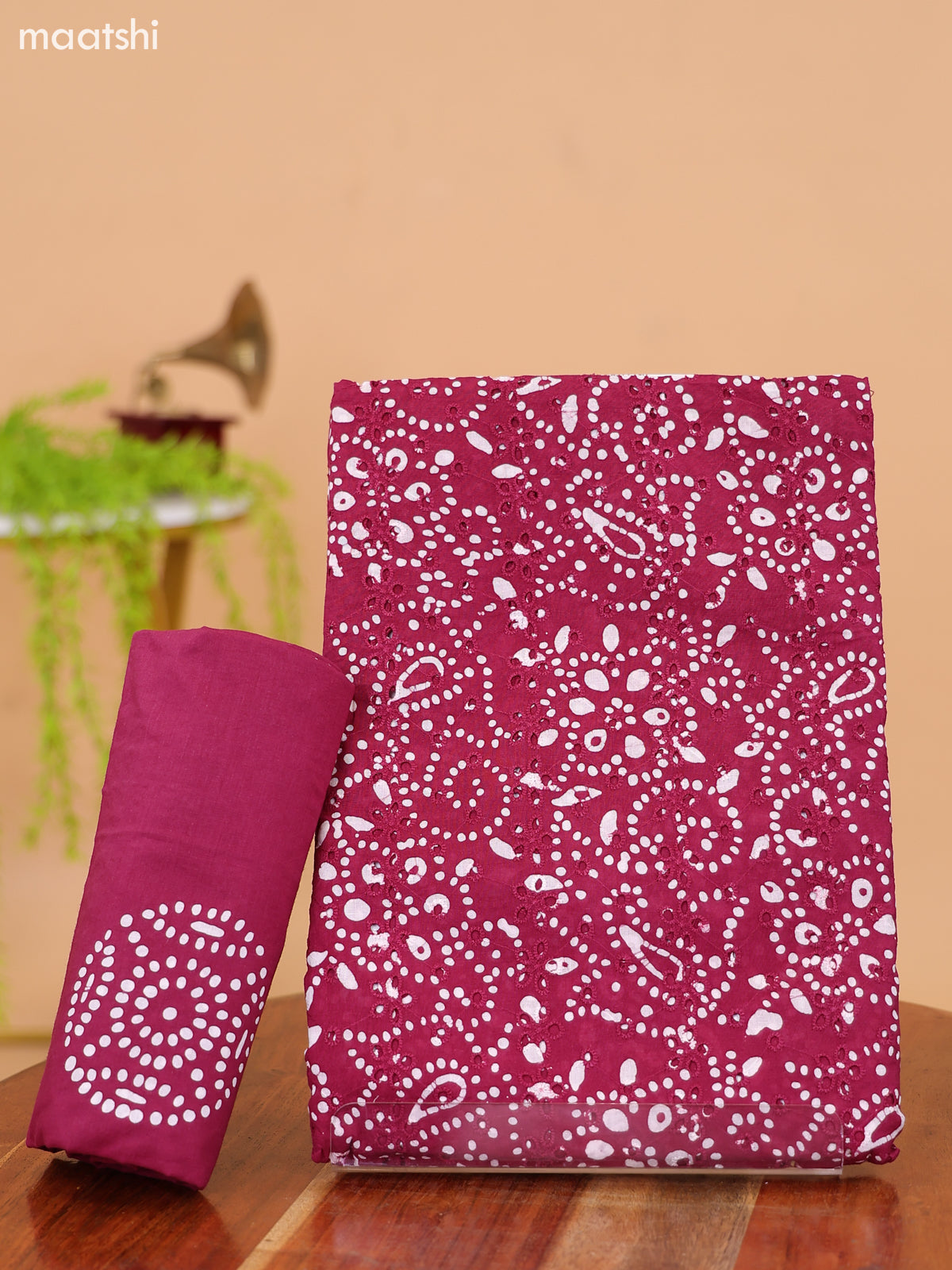 Maroon and Off White Cotton Dress Material With Batik Prints & Hakoba Work Pattern and Bottom & Dupatta