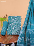 Green and Off White Cotton Dress Material With Batik Prints & Hakoba Work Pattern and Bottom & Dupatta