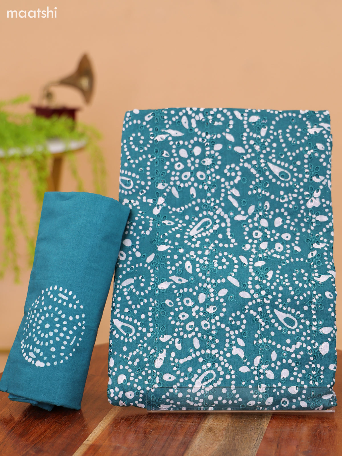 Green and Off White Cotton Dress Material With Batik Prints & Hakoba Work Pattern and Bottom & Dupatta