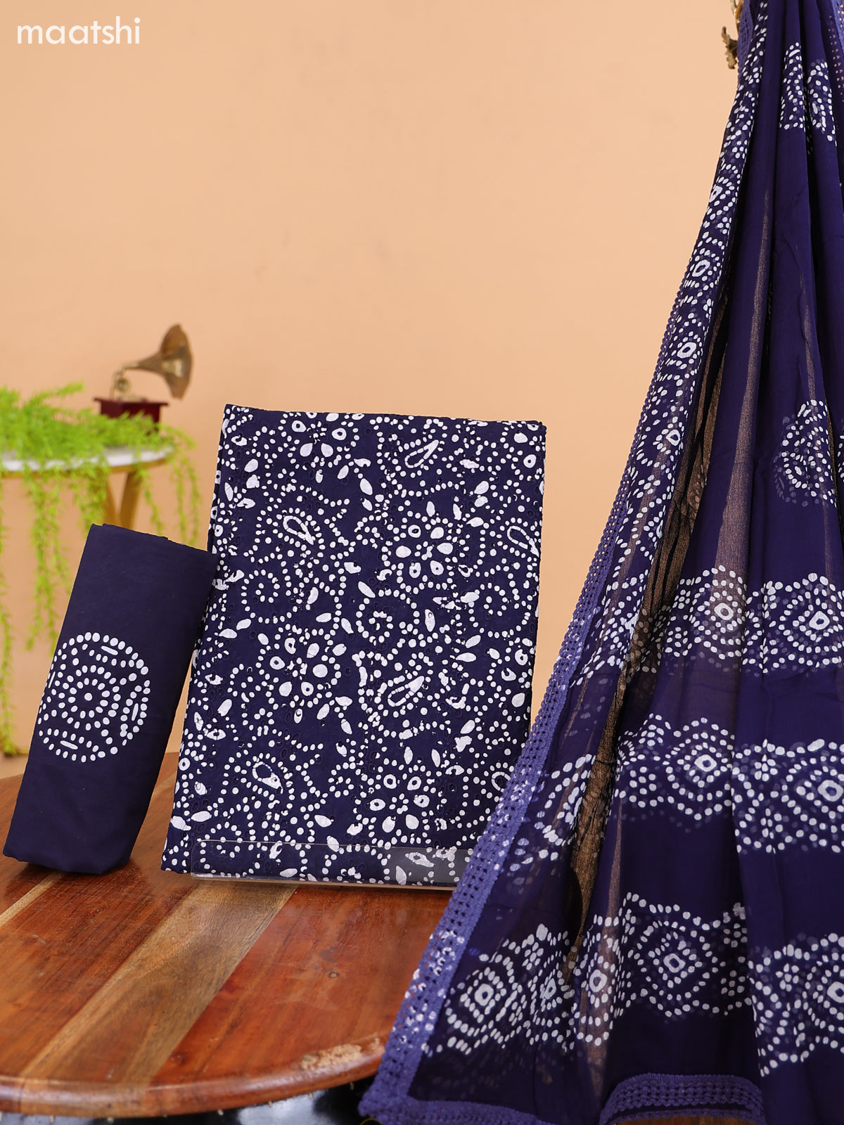 Navy Blue and Off White Cotton Dress Material With Batik Prints & Hakoba Work Pattern and Bottom & Dupatta