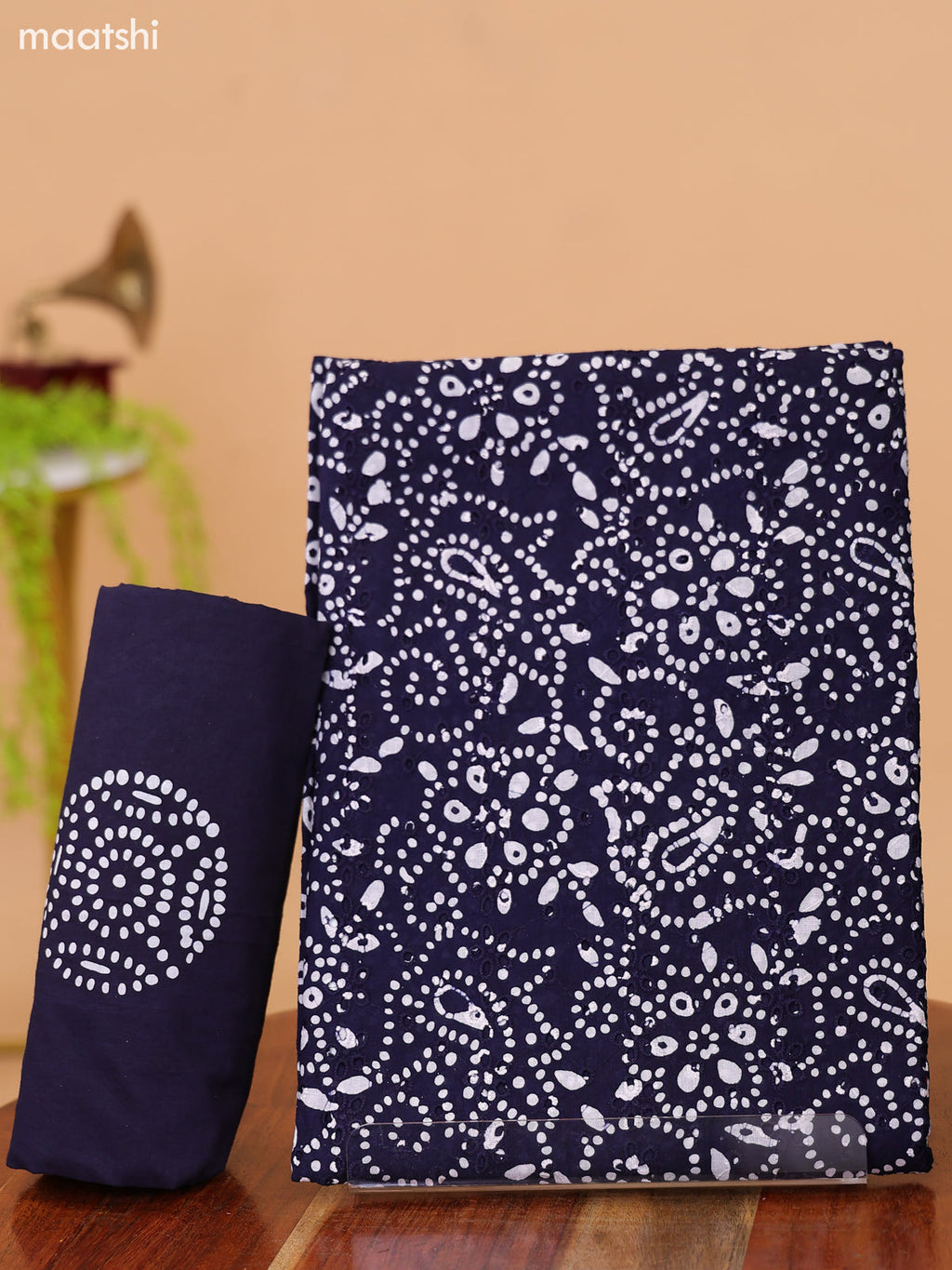 Navy Blue and Off White Cotton Dress Material With Batik Prints & Hakoba Work Pattern and Bottom & Dupatta