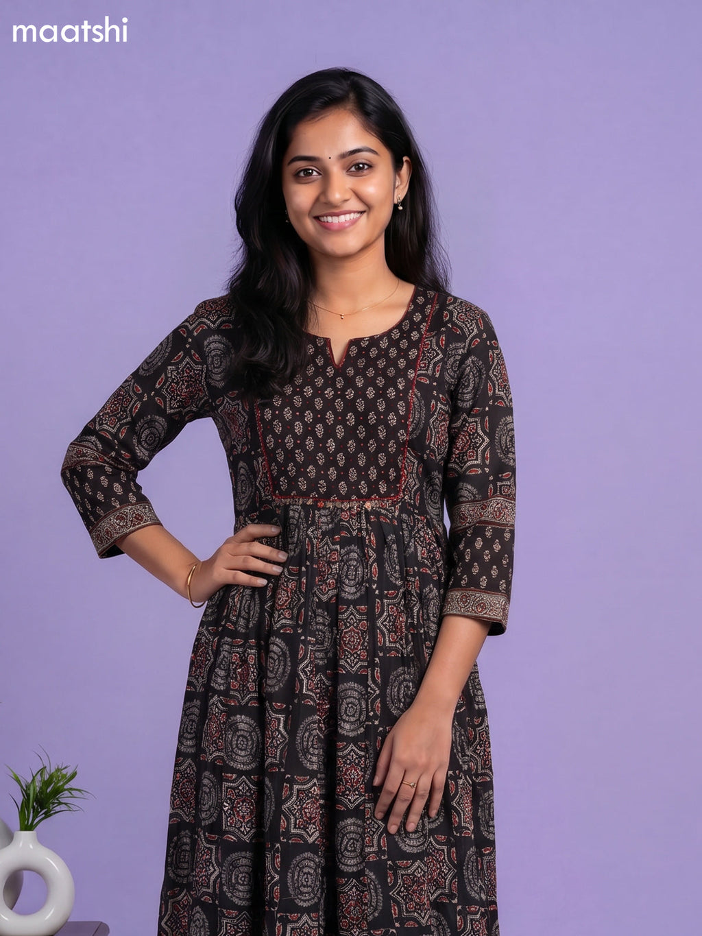 Black Cotton Ajrakh Printed Long Anarkali Kurti