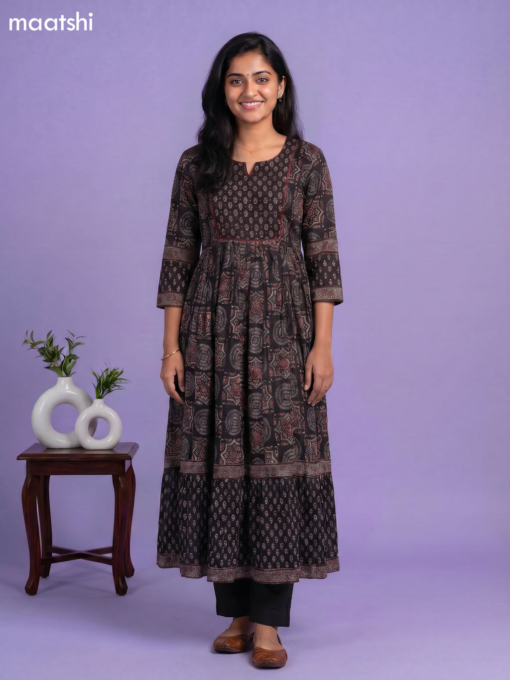 Black Cotton Ajrakh Printed Long Anarkali Kurti