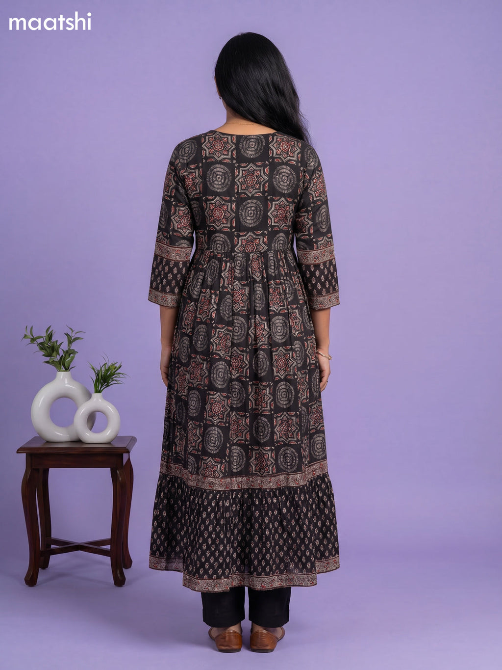 Black Cotton Ajrakh Printed Long Anarkali Kurti