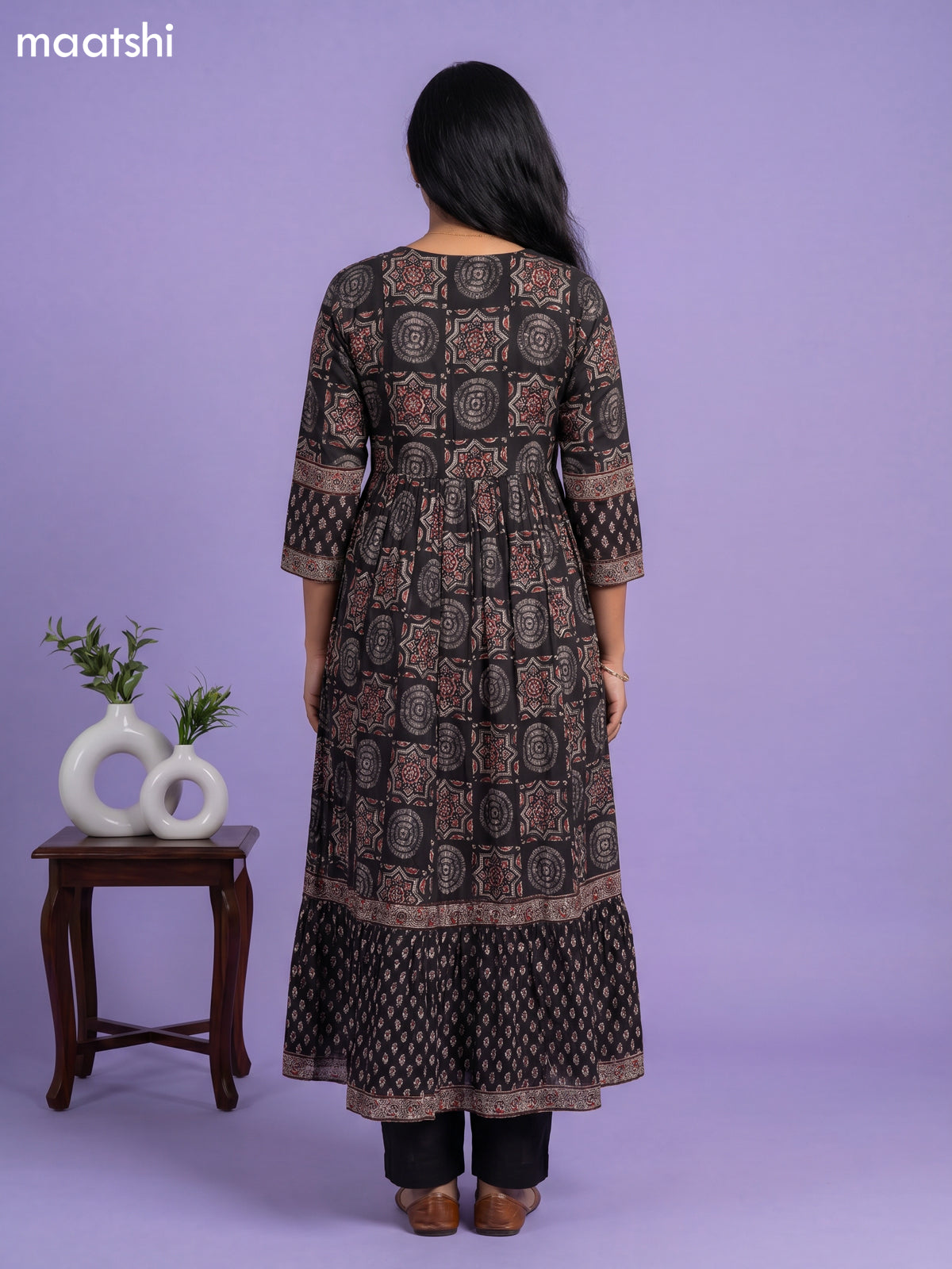 Black Cotton Ajrakh Printed Long Anarkali Kurti