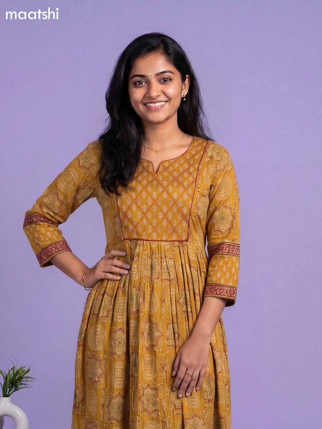 Dark Mustard Cotton Ajrakh Printed Long Anarkali Kurti