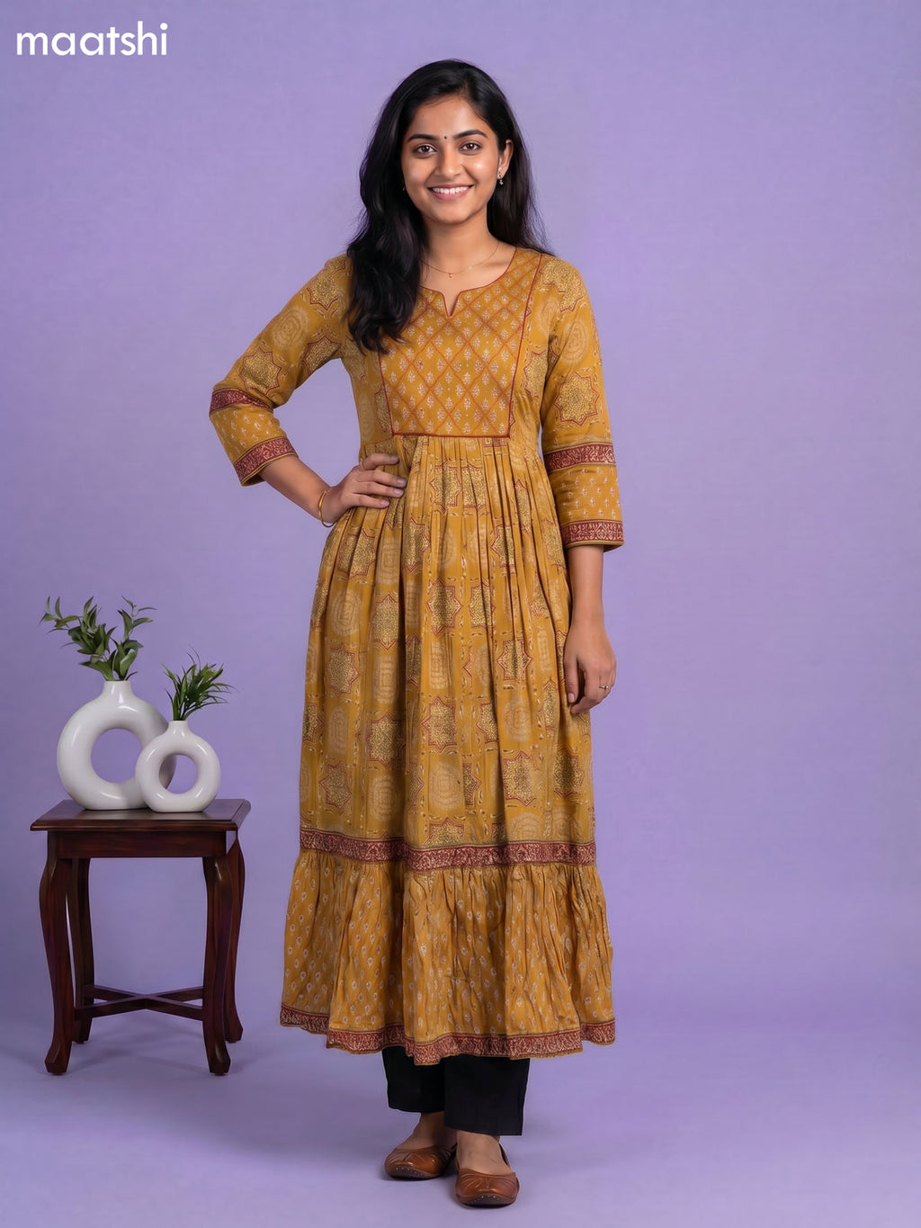 Dark Mustard Cotton Ajrakh Printed Long Anarkali Kurti