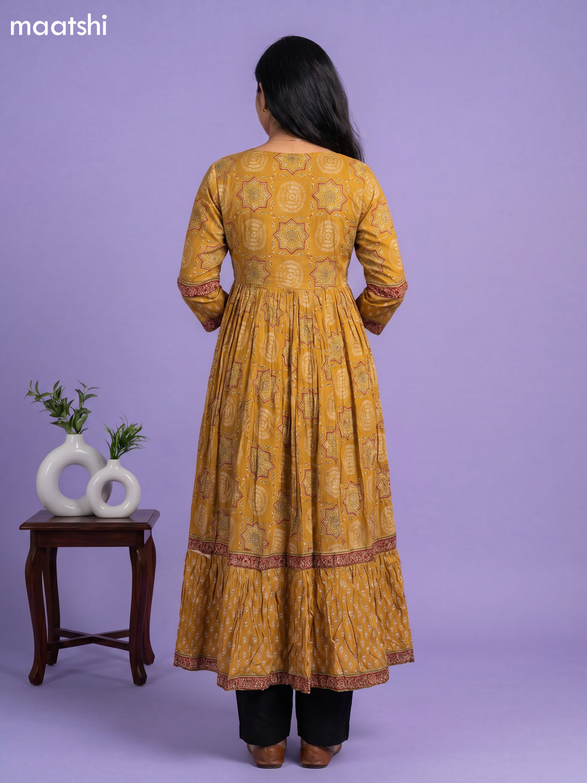 Dark Mustard Cotton Ajrakh Printed Long Anarkali Kurti