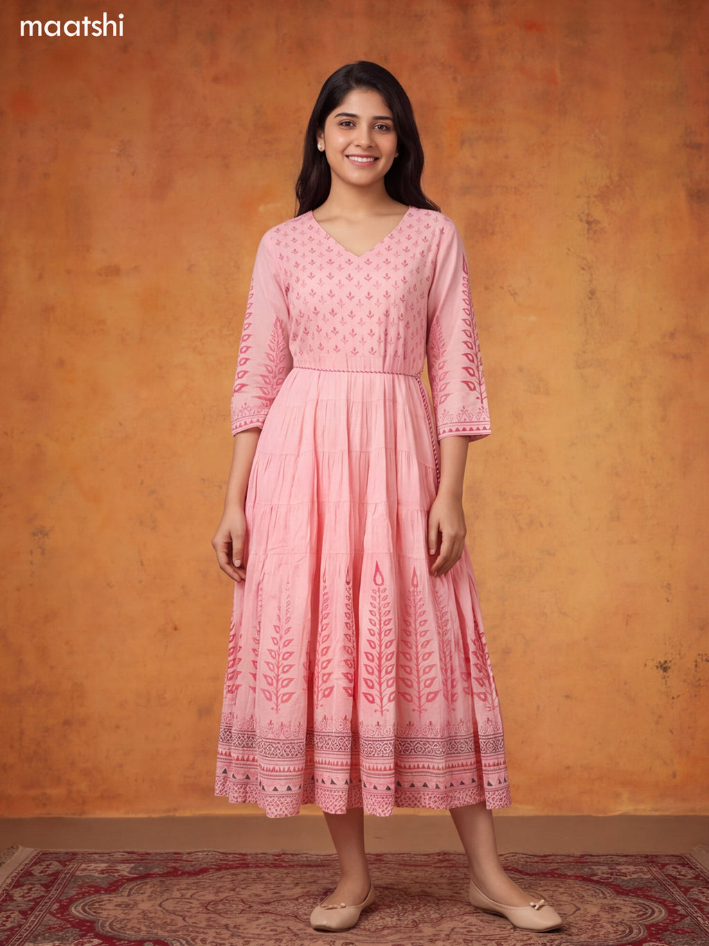 Baby Pink and Dark Pink Cotton Floral Printed & Embroidery Work Anarkali Kurti