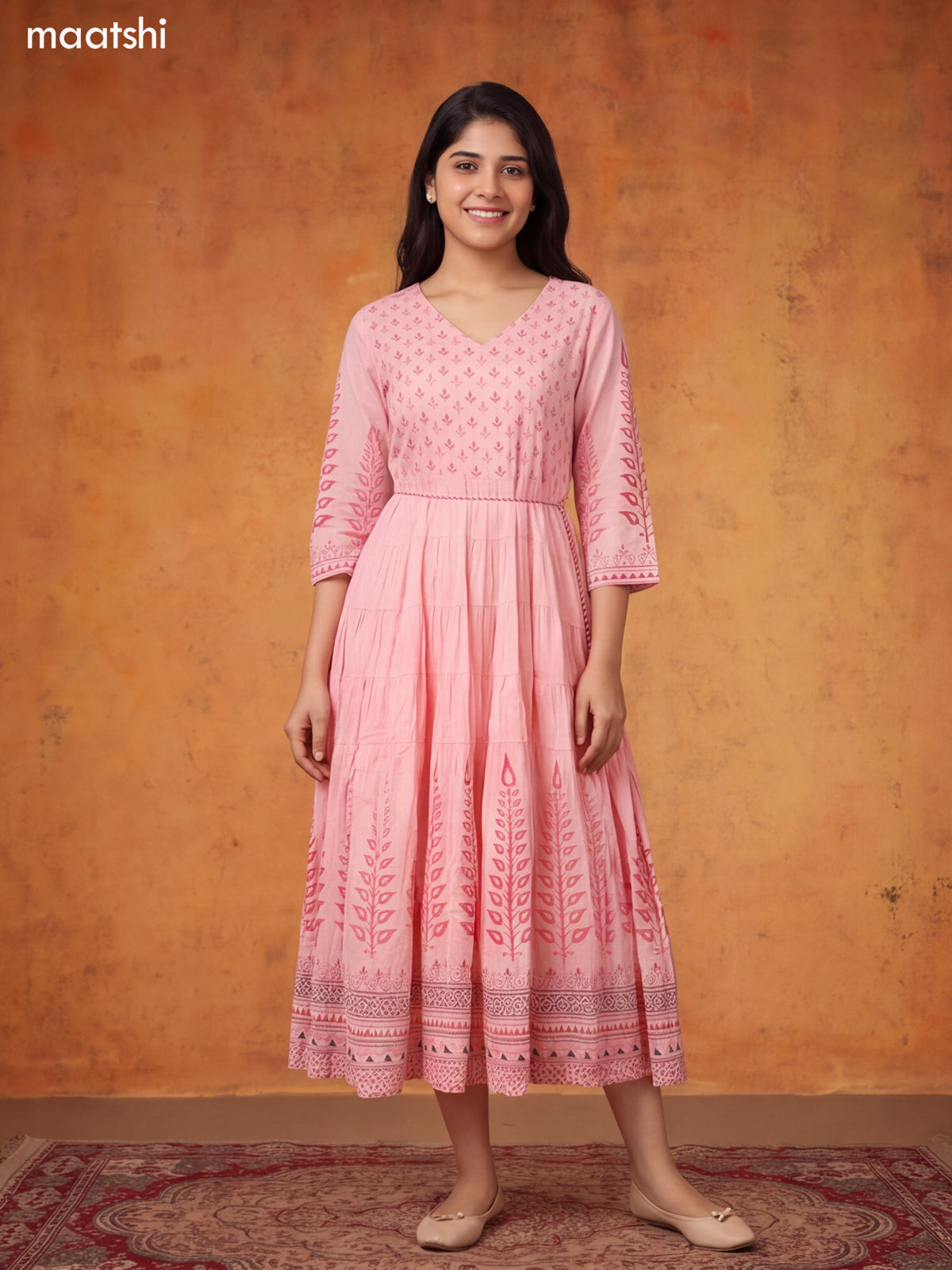 Baby Pink and Dark Pink Cotton Floral Printed & Embroidery Work Anarkali Kurti