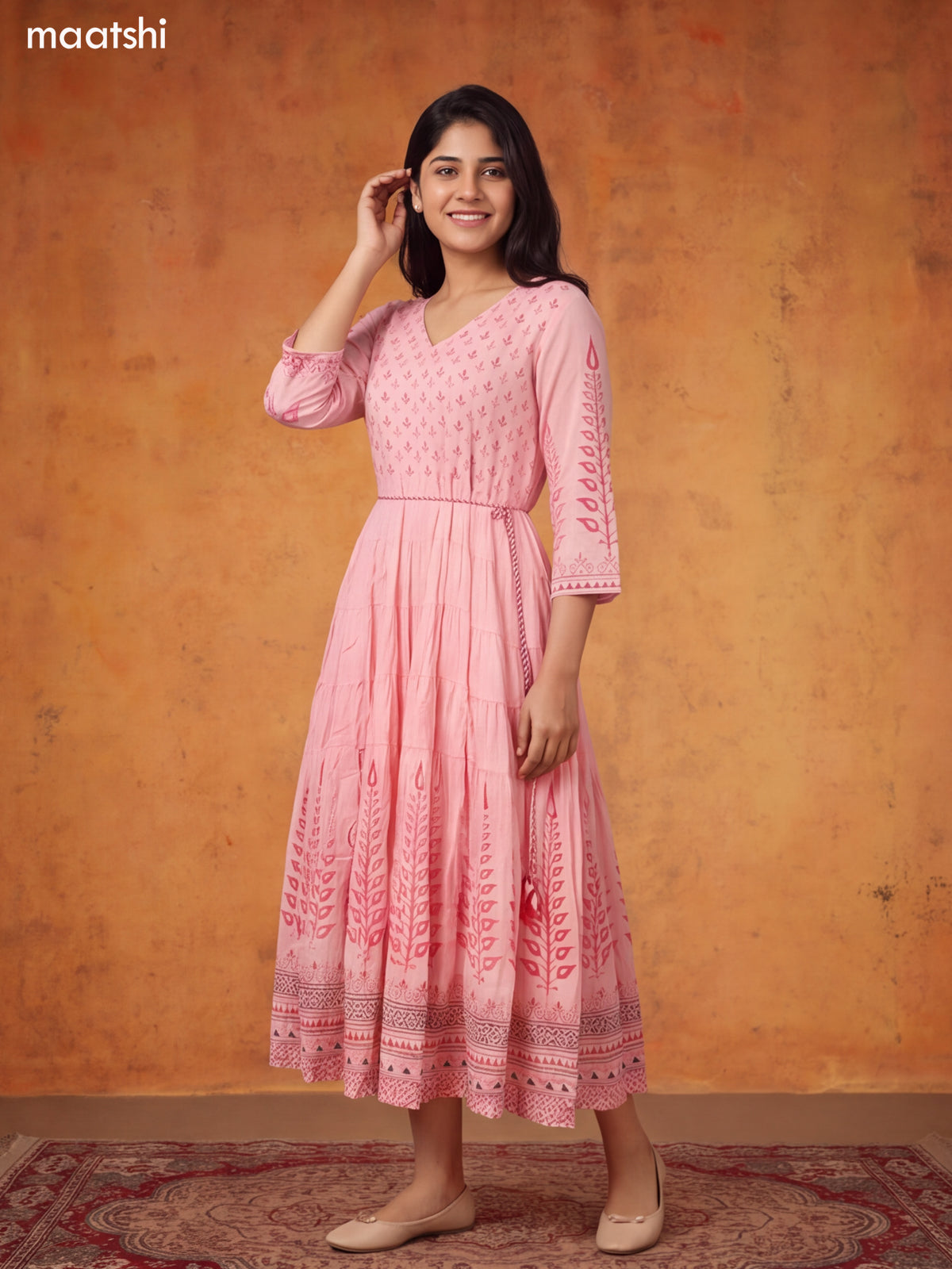 Baby Pink and Dark Pink Cotton Floral Printed & Embroidery Work Anarkali Kurti