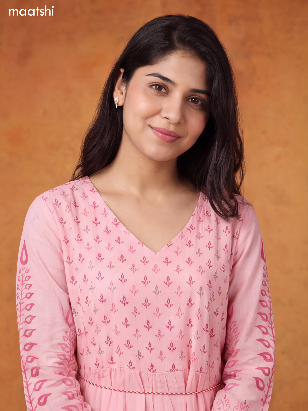 Baby Pink and Dark Pink Cotton Floral Printed & Embroidery Work Anarkali Kurti