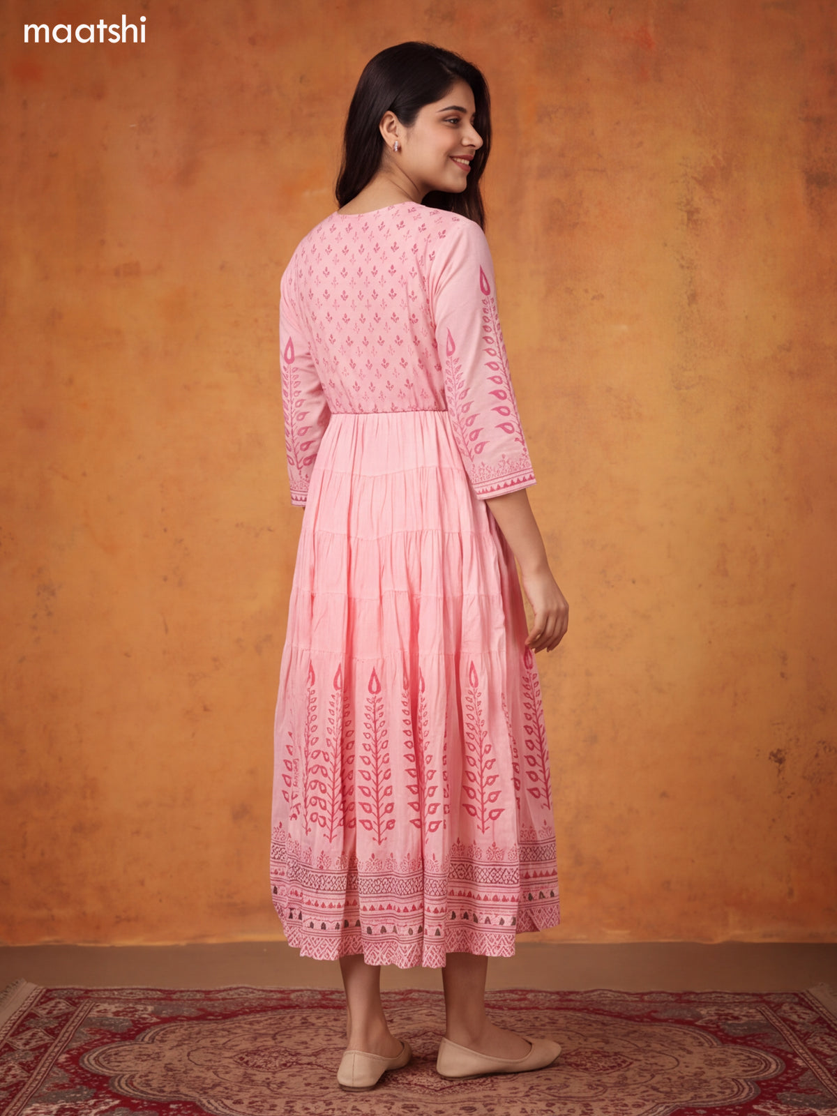 Baby Pink and Dark Pink Cotton Floral Printed & Embroidery Work Anarkali Kurti