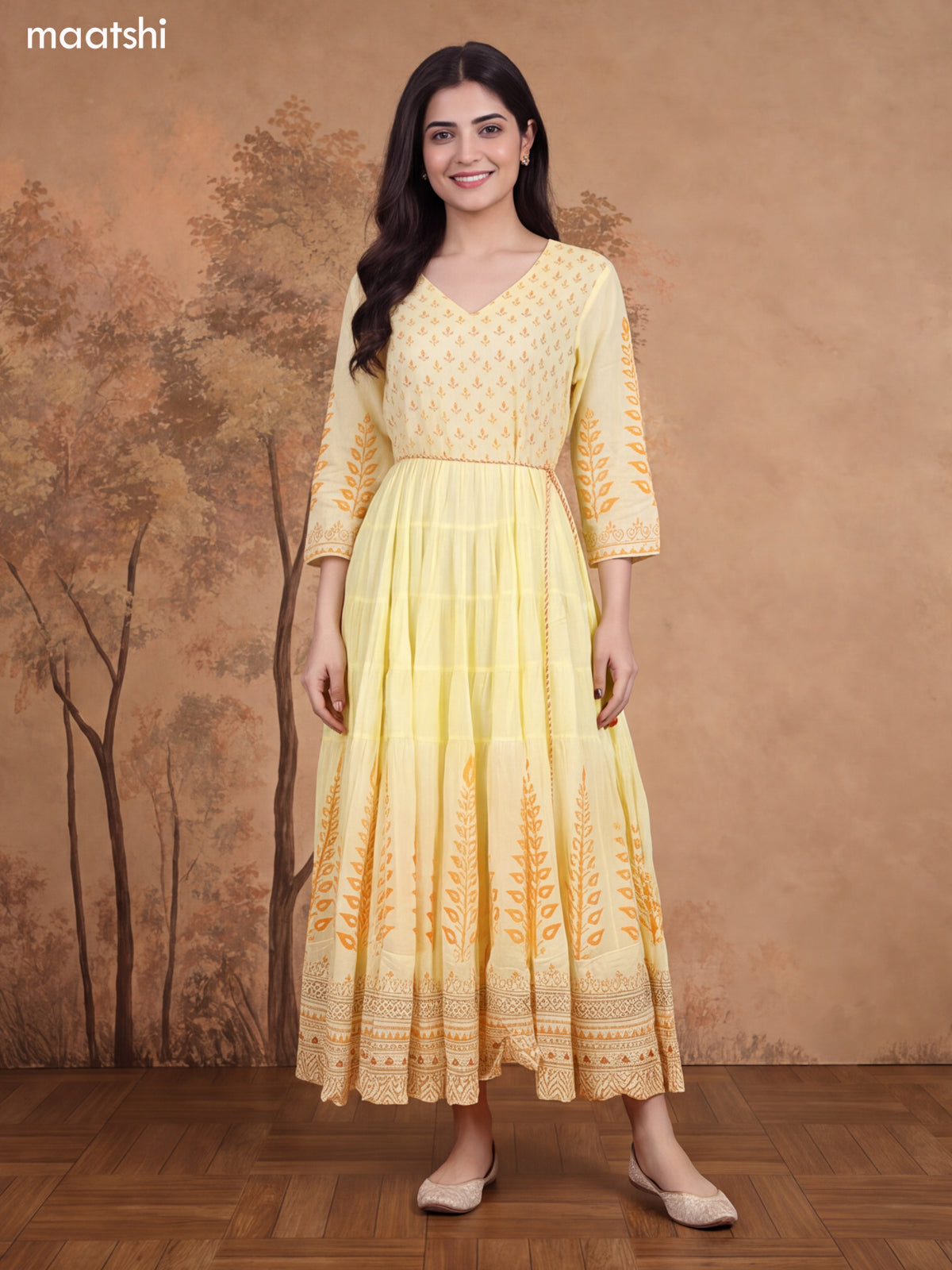Pale Yellow and Orange Cotton Floral Printed & Embroidery Work Anarkali Kurti