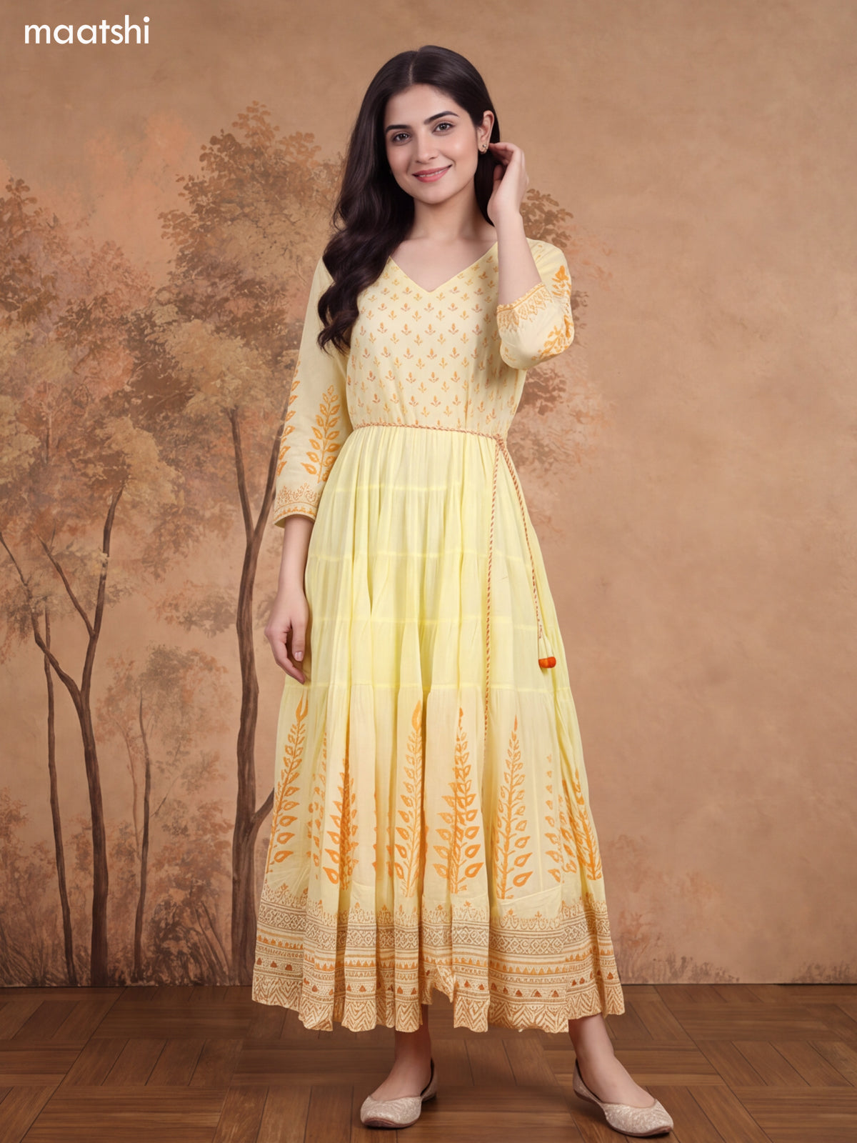 Pale Yellow and Orange Cotton Floral Printed & Embroidery Work Anarkali Kurti