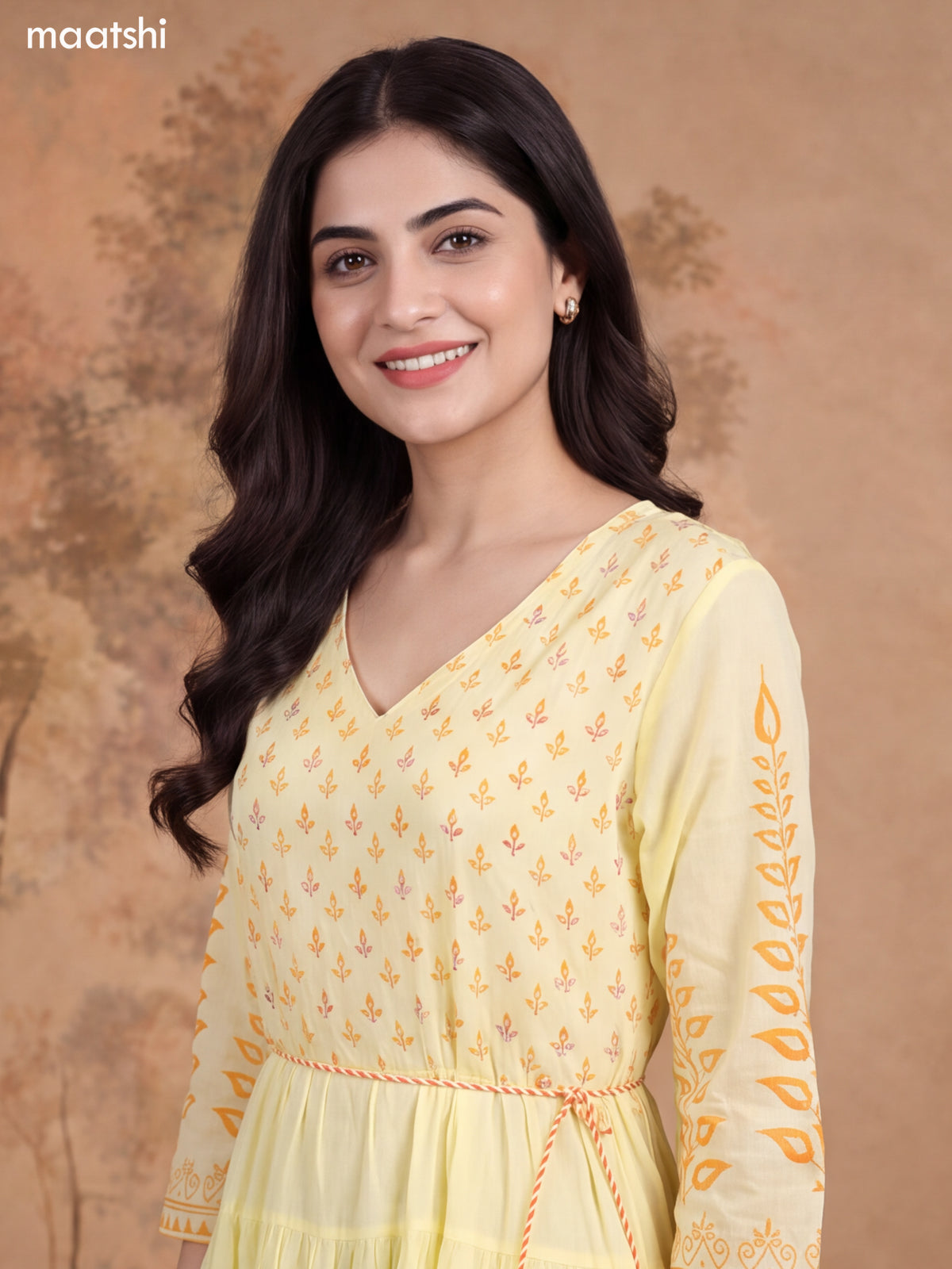 Pale Yellow and Orange Cotton Floral Printed & Embroidery Work Anarkali Kurti