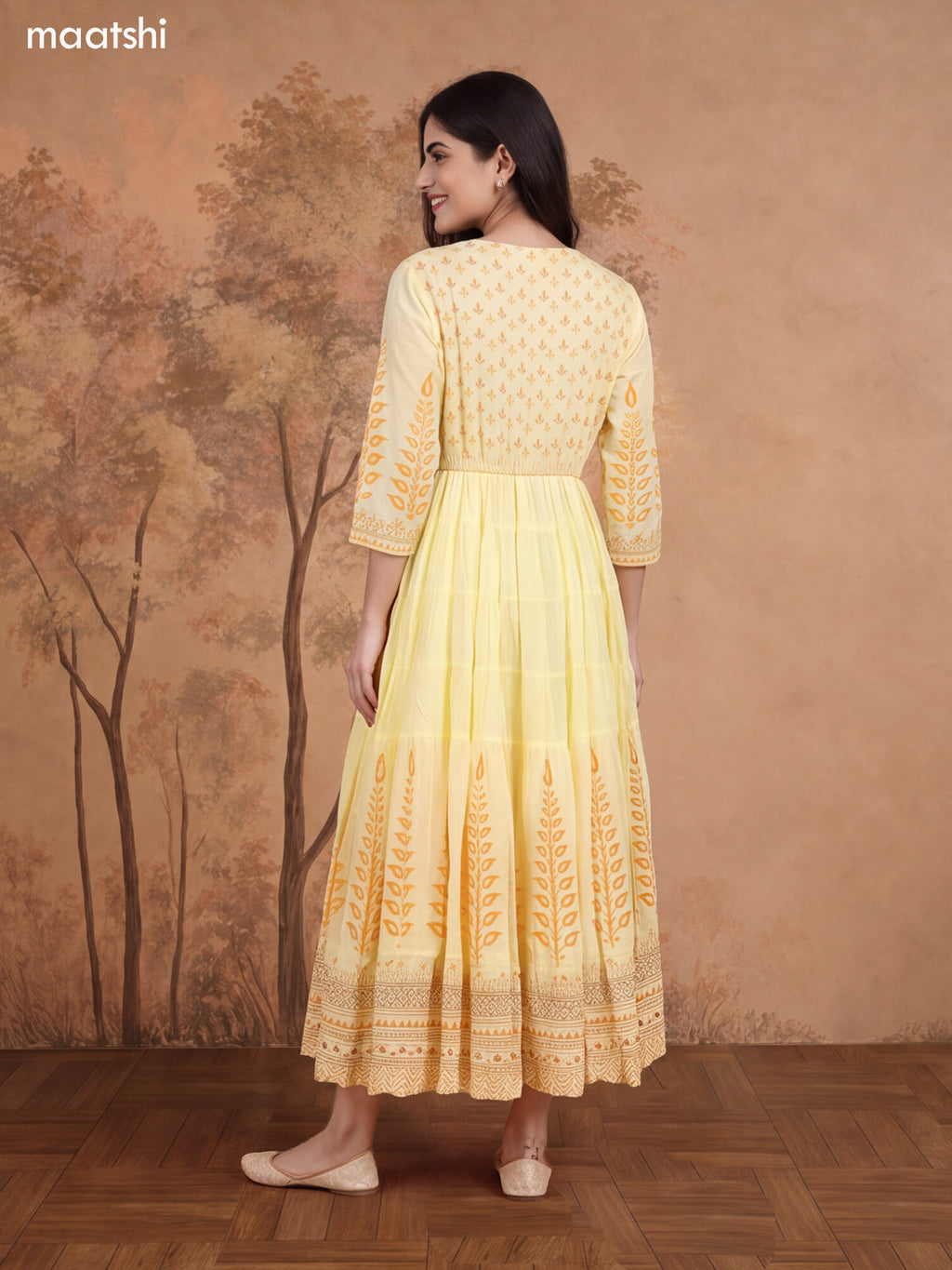 Pale Yellow and Orange Cotton Floral Printed & Embroidery Work Anarkali Kurti