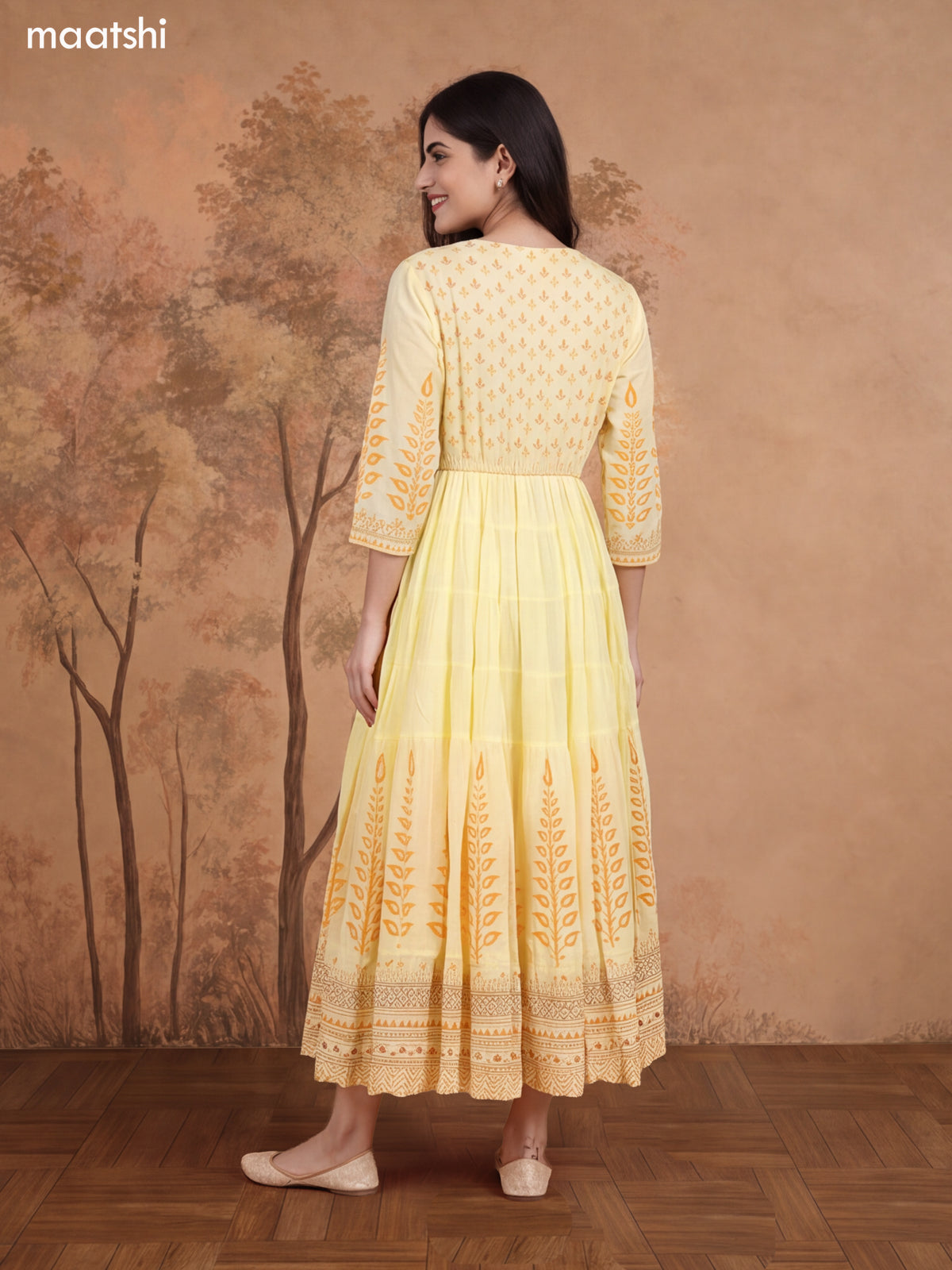 Pale Yellow and Orange Cotton Floral Printed & Embroidery Work Anarkali Kurti