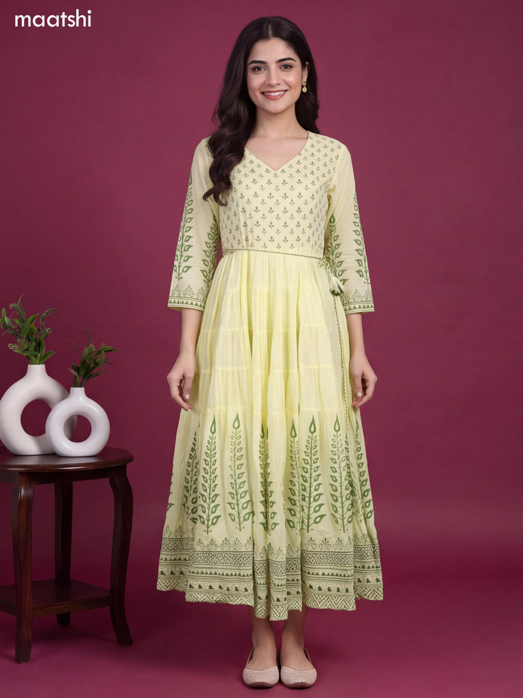 Pale Yellow and Green Cotton Floral Printed & Embroidery Work Anarkali Kurti