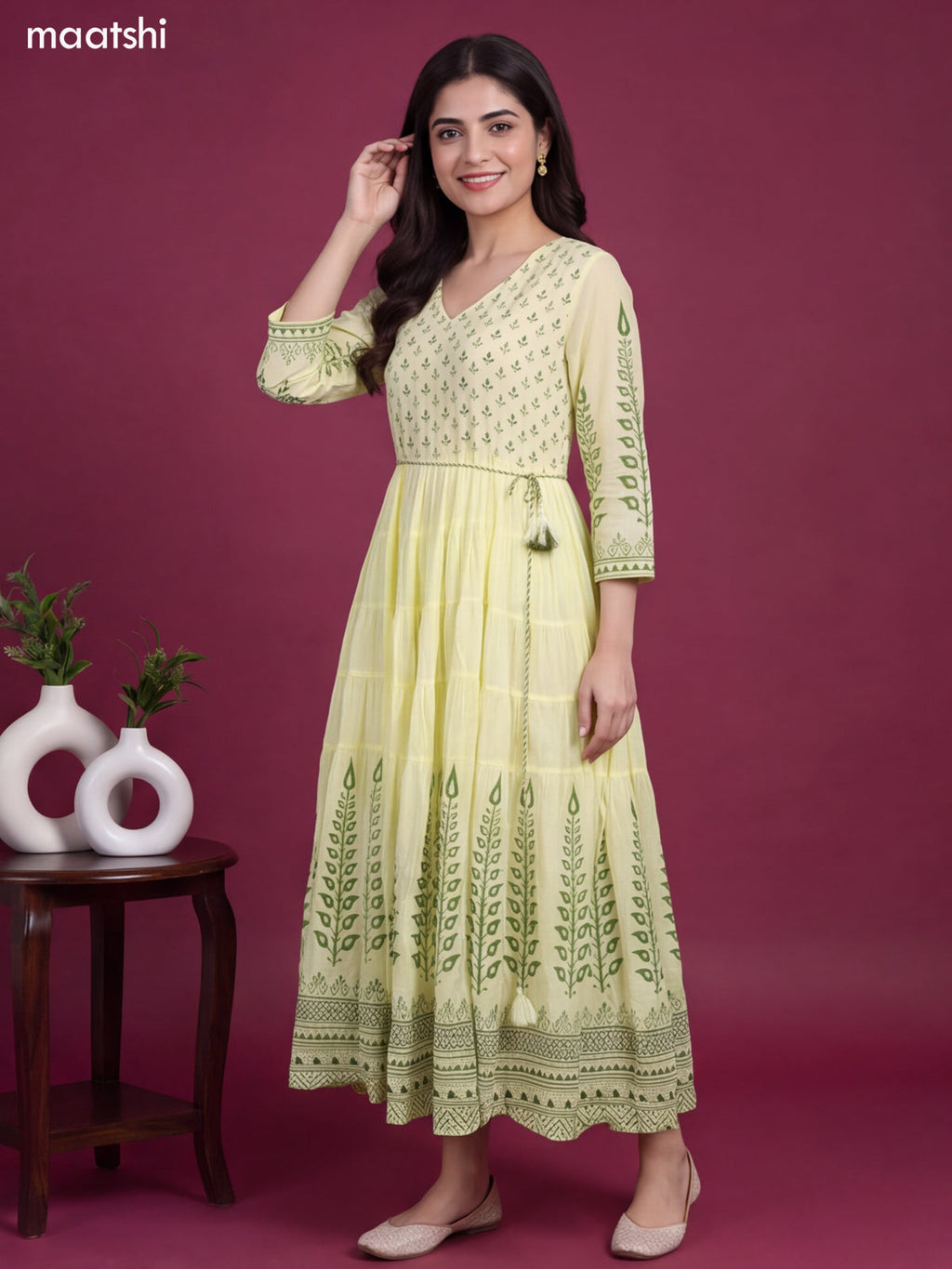 Pale Yellow and Green Cotton Floral Printed & Embroidery Work Anarkali Kurti