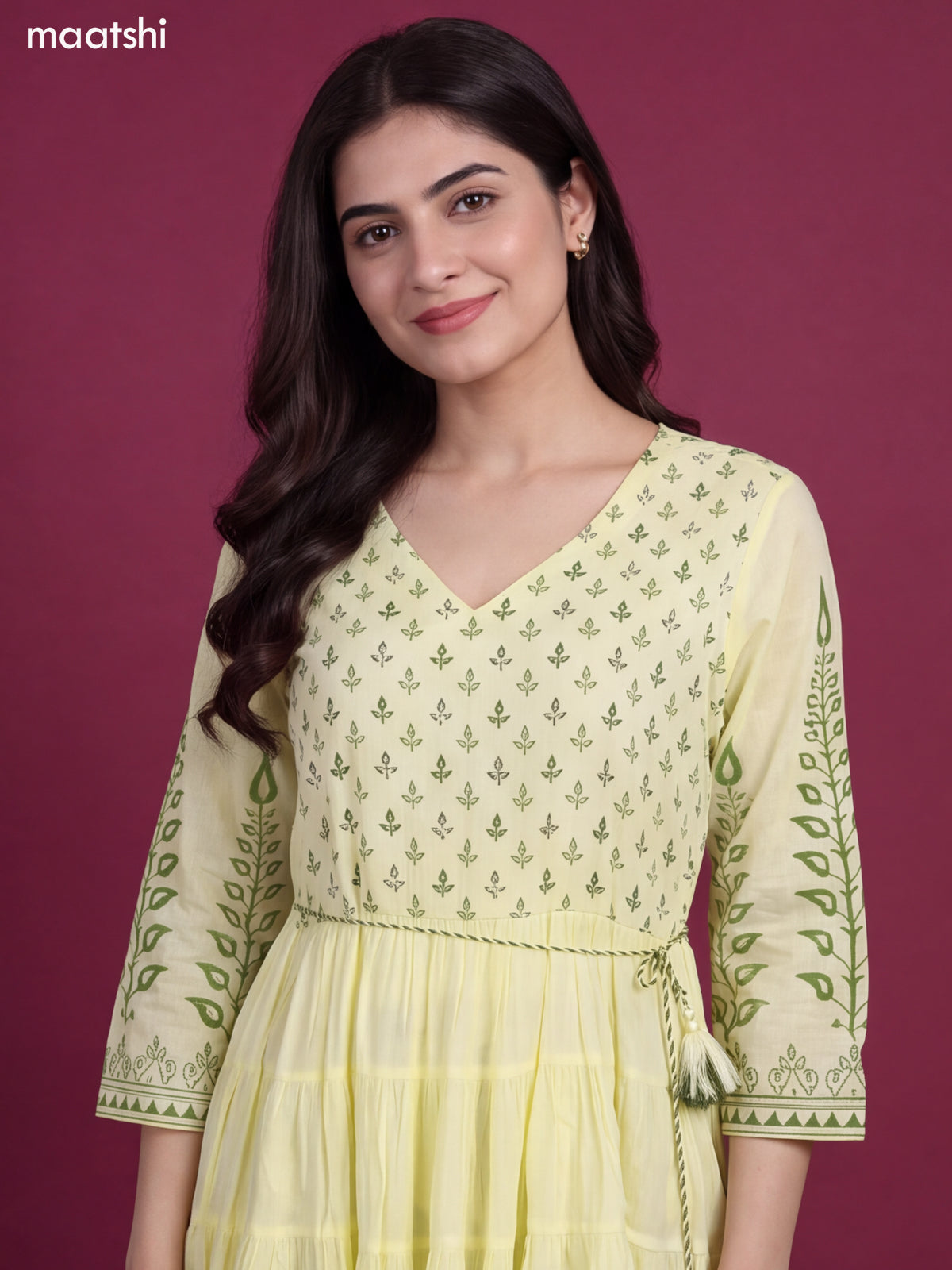 Pale Yellow and Green Cotton Floral Printed & Embroidery Work Anarkali Kurti