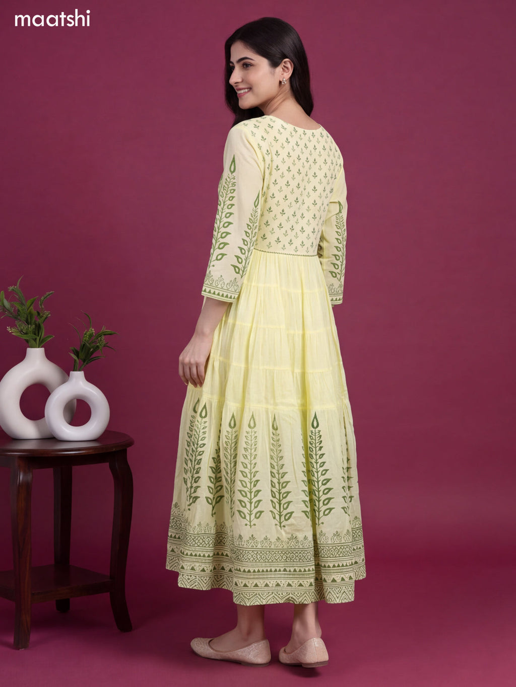 Pale Yellow and Green Cotton Floral Printed & Embroidery Work Anarkali Kurti