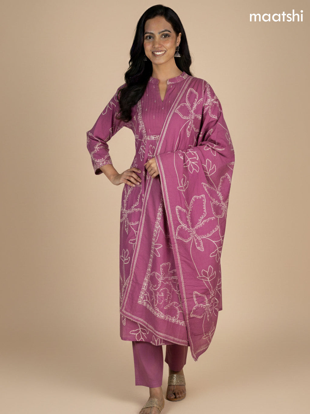 Dark Mauve Pink Cotton Printed Anarkali Suit