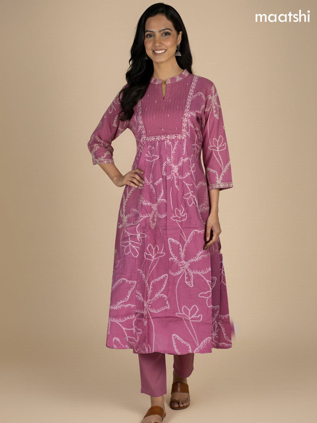 Dark Mauve Pink Cotton Printed Anarkali Suit