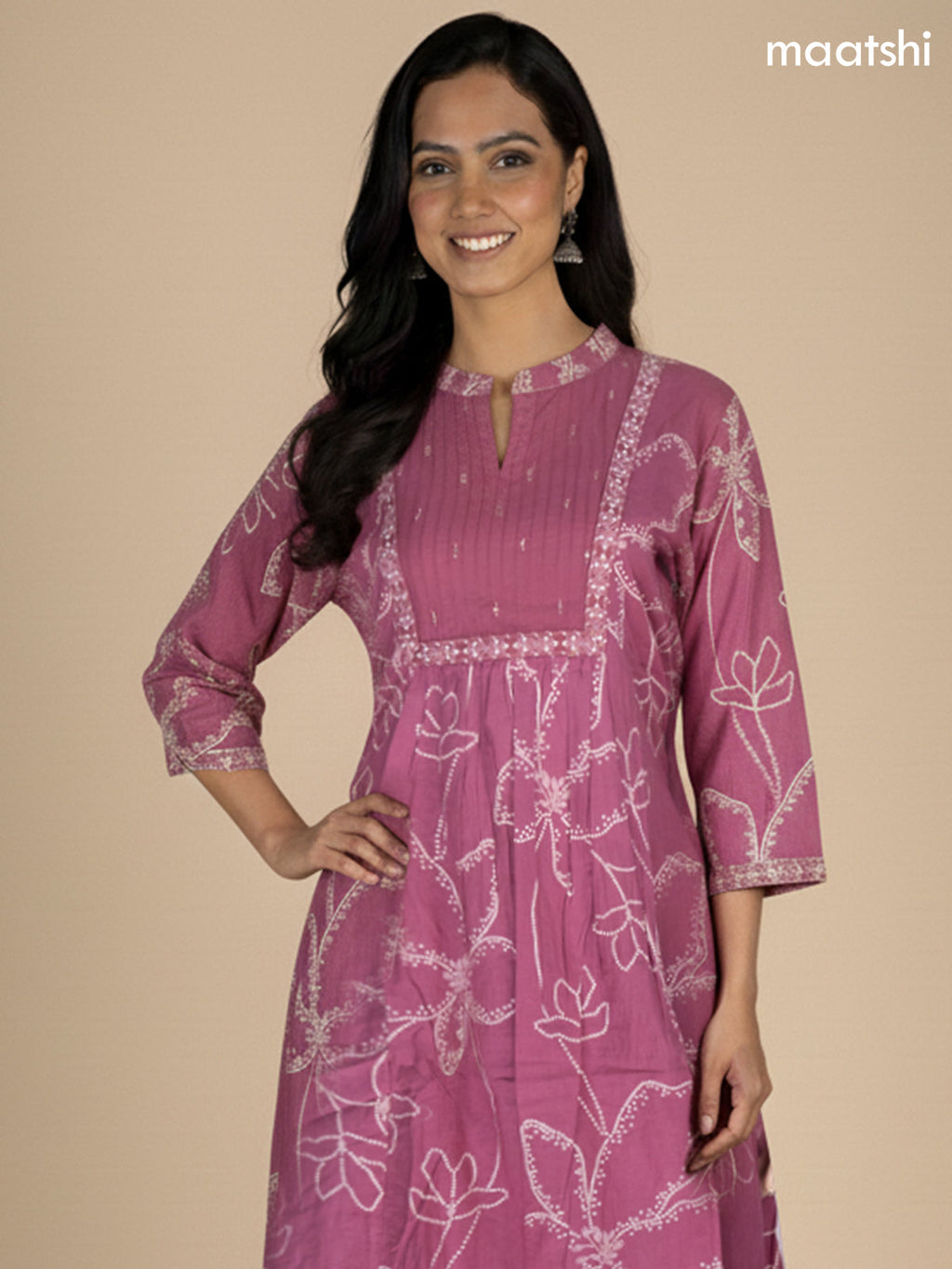Dark Mauve Pink Cotton Printed Anarkali Suit