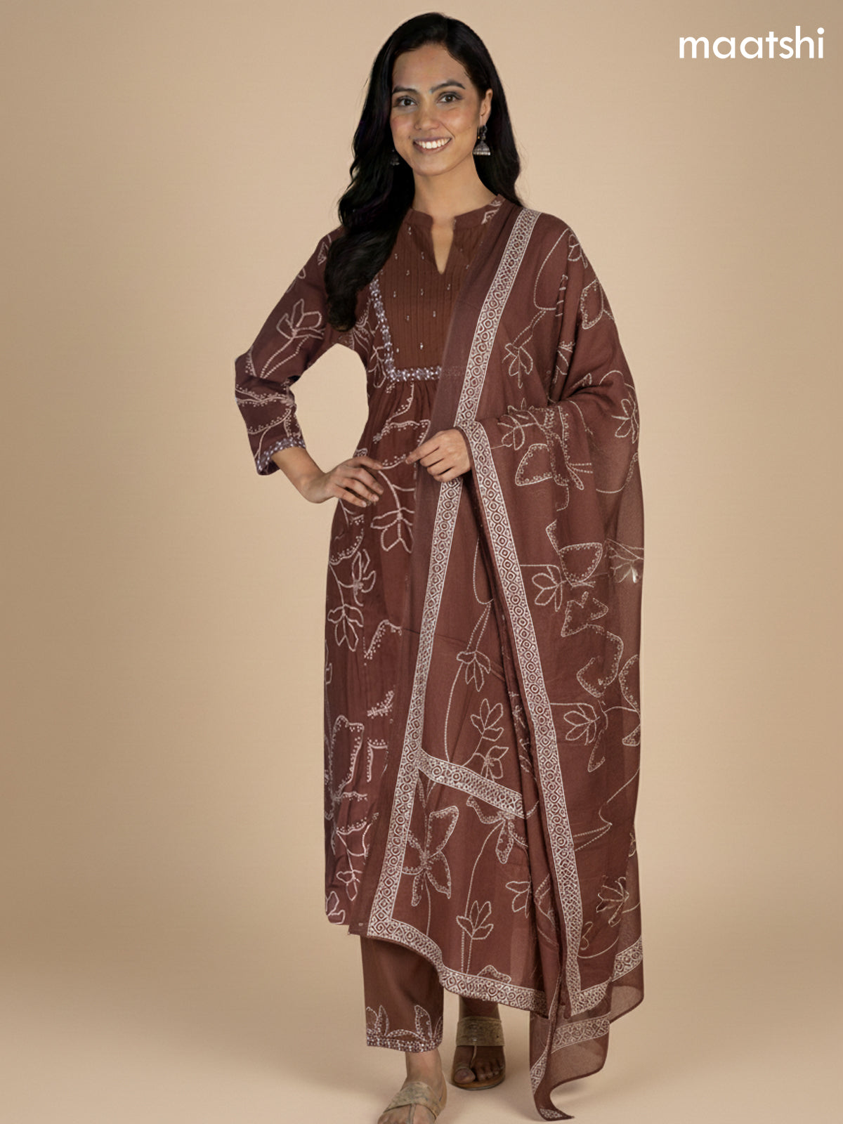 Dark Brown Cotton Printed Anarkali Suit