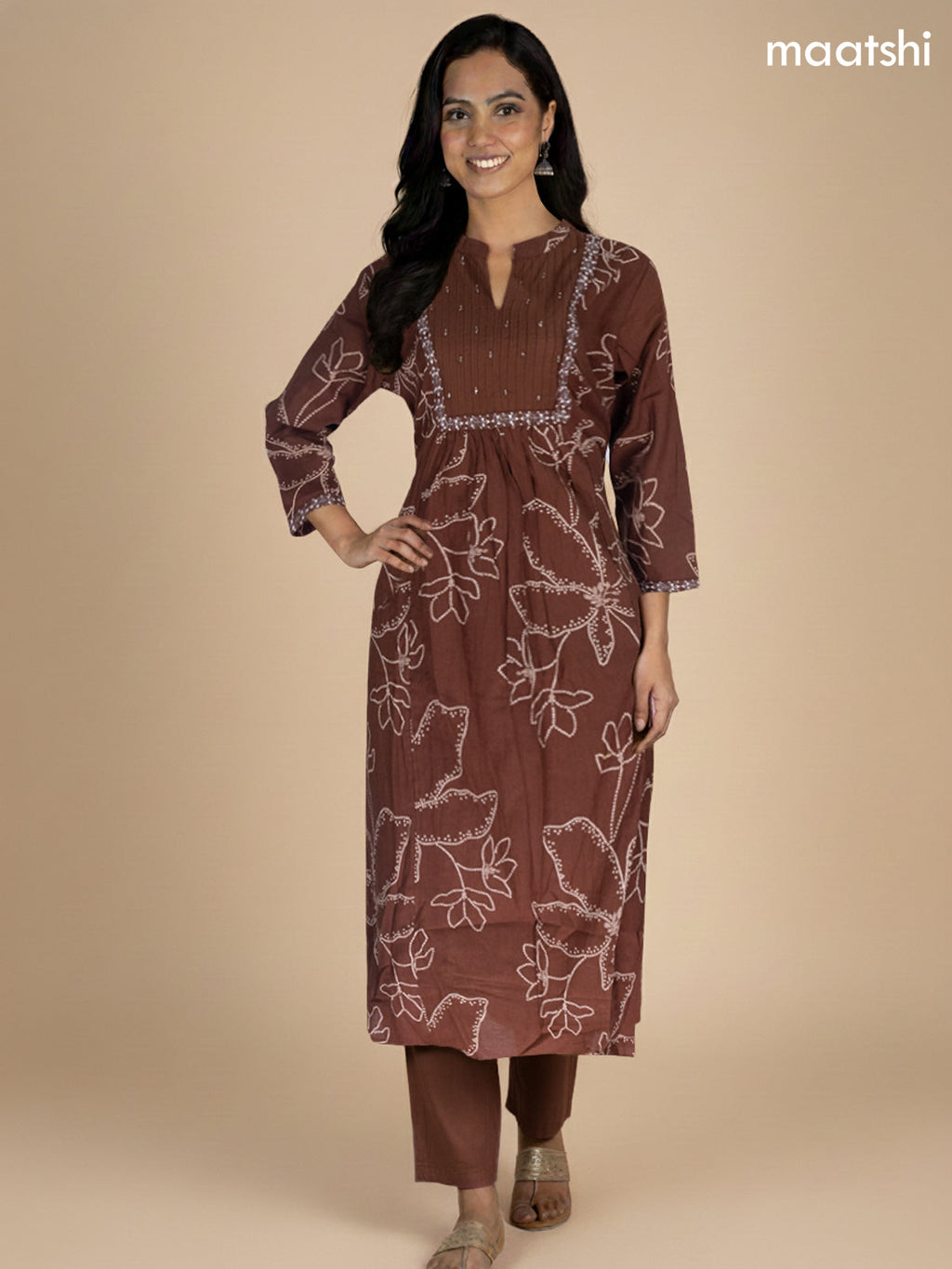 Dark Brown Cotton Printed Anarkali Suit