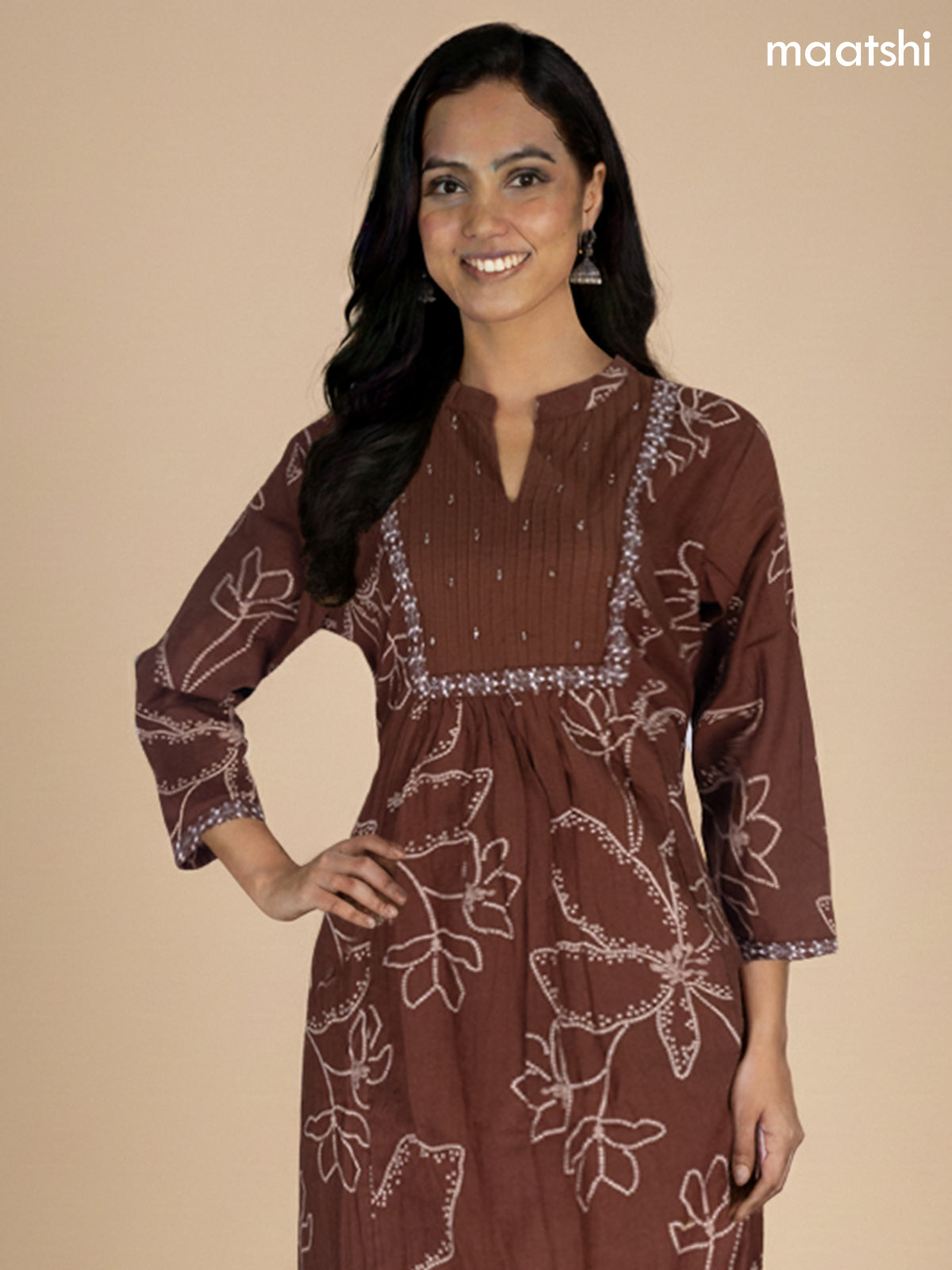 Dark Brown Cotton Printed Anarkali Suit