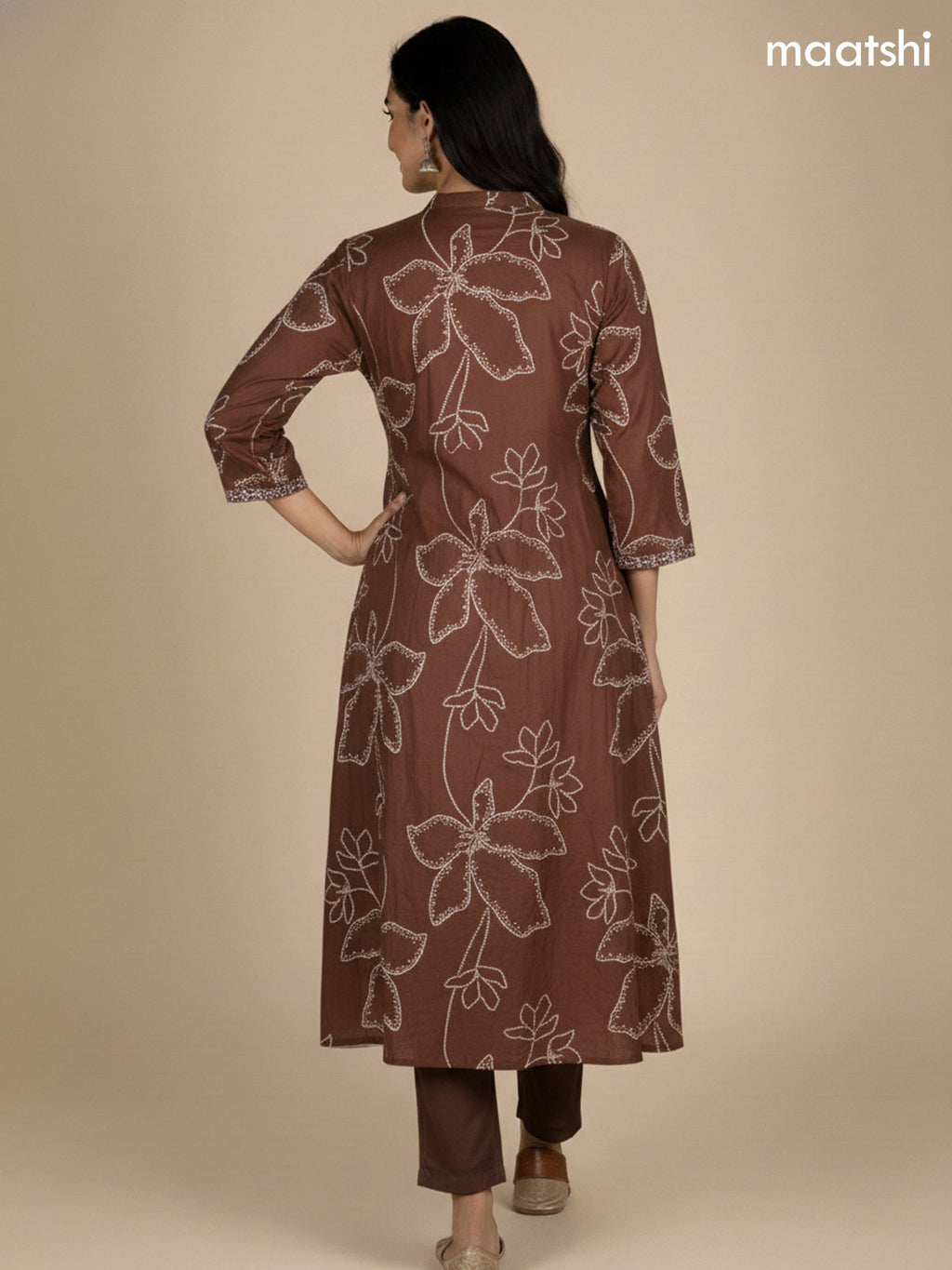 Dark Brown Cotton Printed Anarkali Suit
