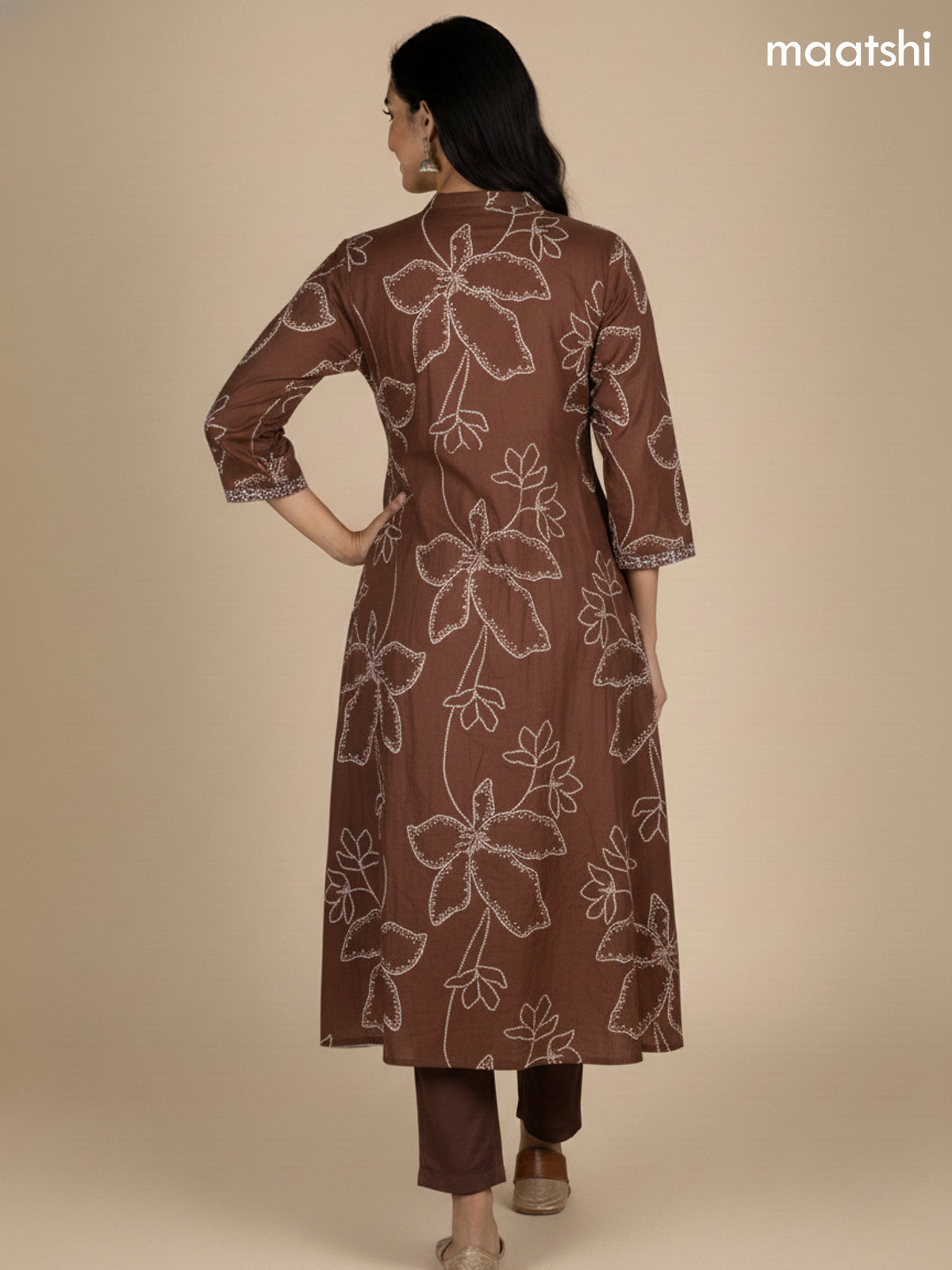 Dark Brown Cotton Printed Anarkali Suit