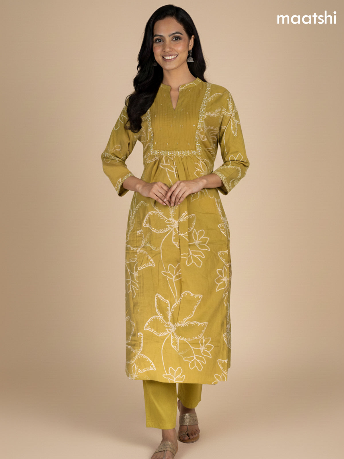 Lime Green Cotton Printed Anarkali Suit