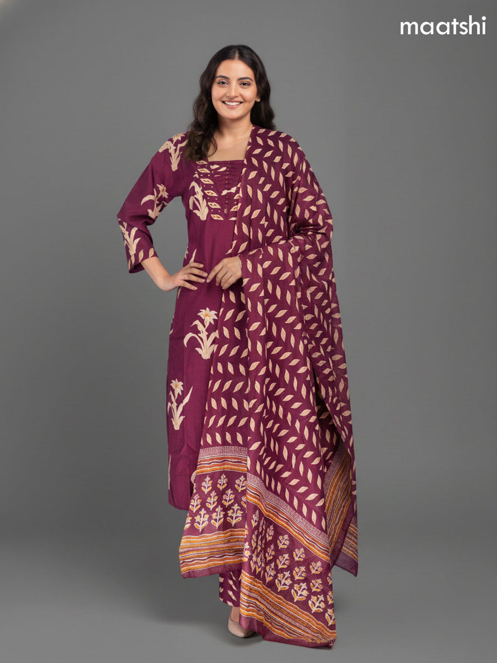 Dark Magenta Pink Cotton Printed Straight Suit