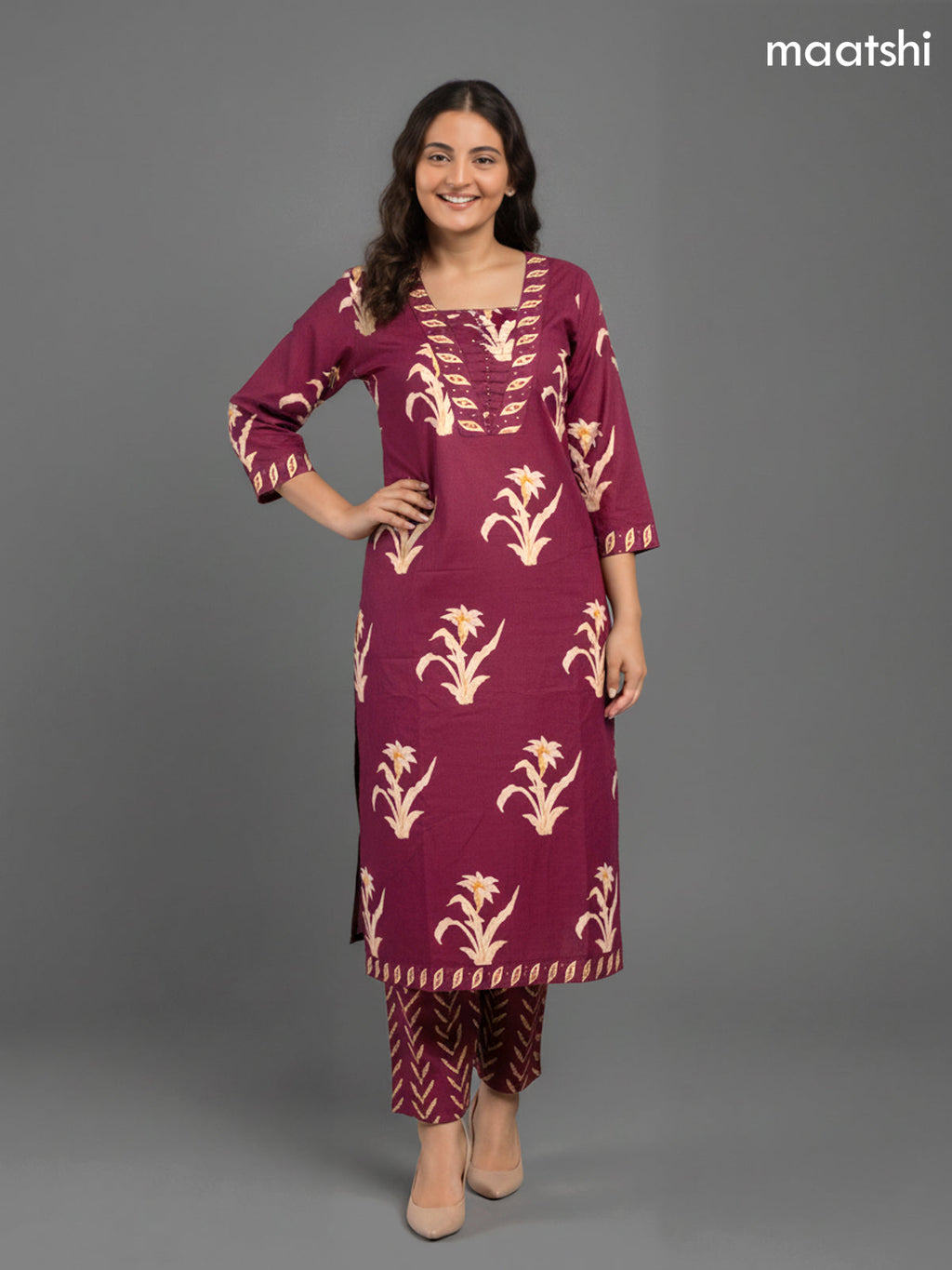 Dark Magenta Pink Cotton Printed Straight Suit