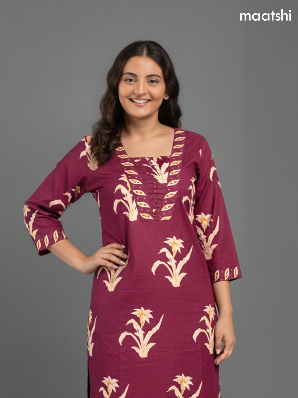 Dark Magenta Pink Cotton Printed Straight Suit