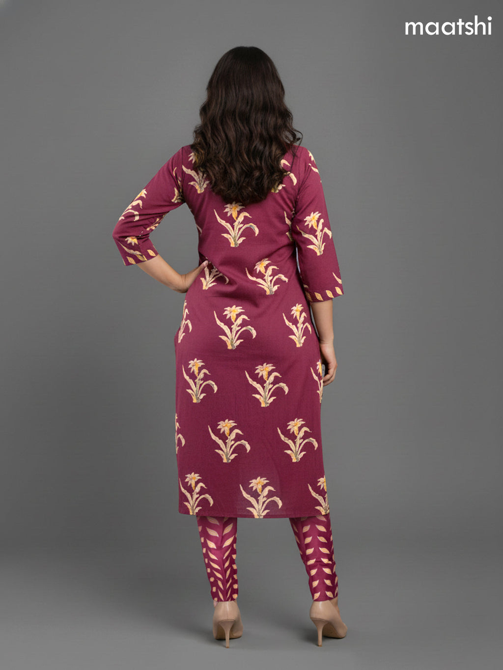 Dark Magenta Pink Cotton Printed Straight Suit