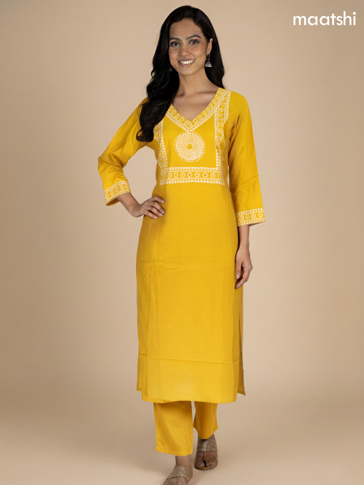 Mustard Yellow Cotton Bandhani Printed Straight Suit