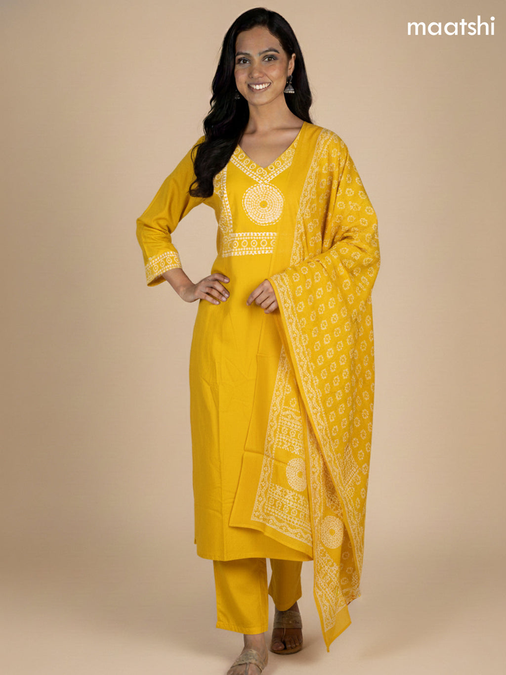 Mustard Yellow Cotton Bandhani Printed Straight Suit