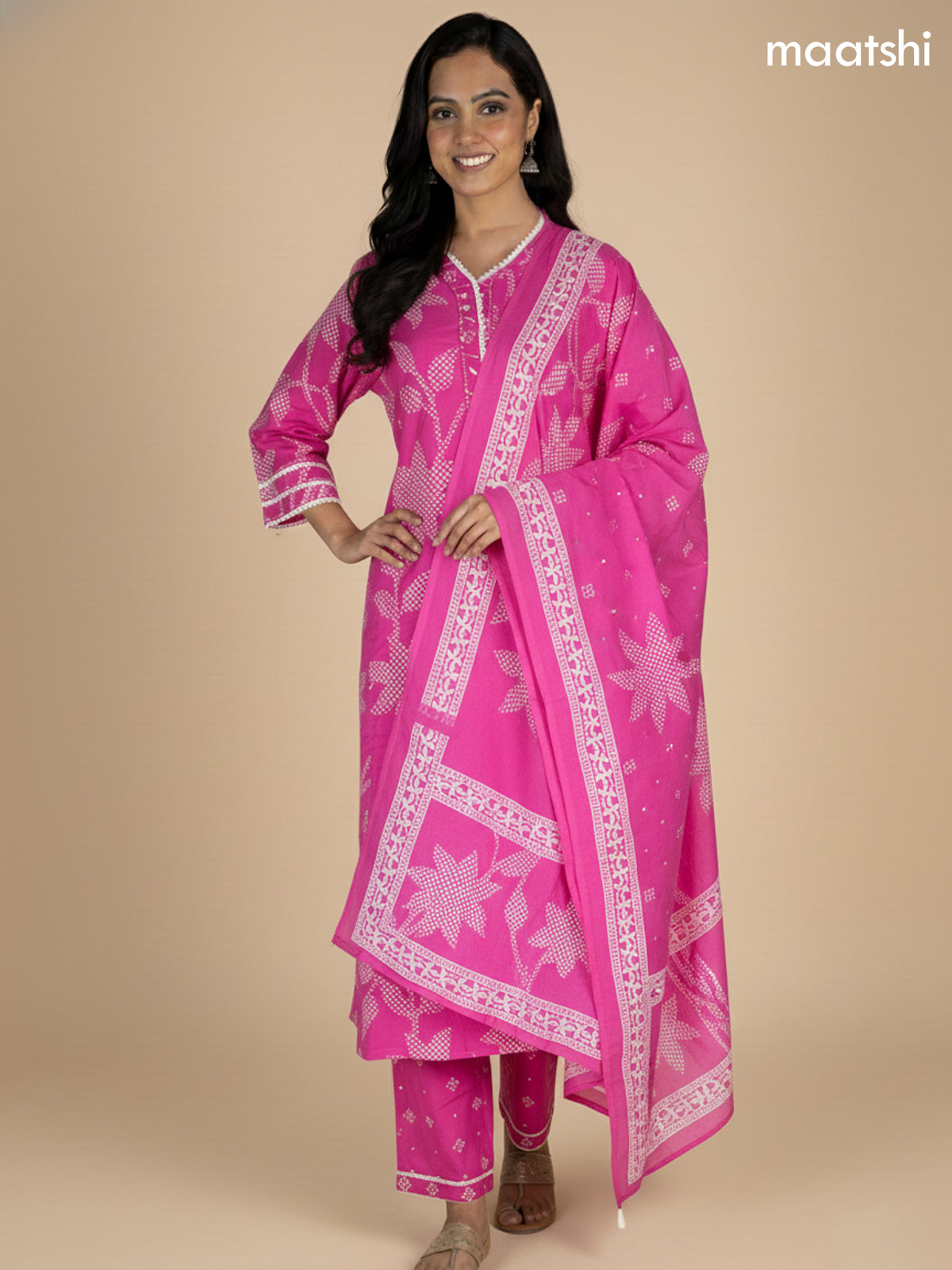 Candy Pink Cotton Bandhani Printed Straight Suit