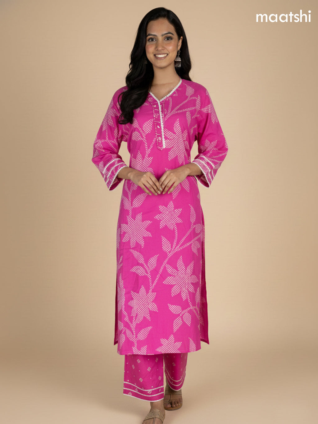 Candy Pink Cotton Bandhani Printed Straight Suit