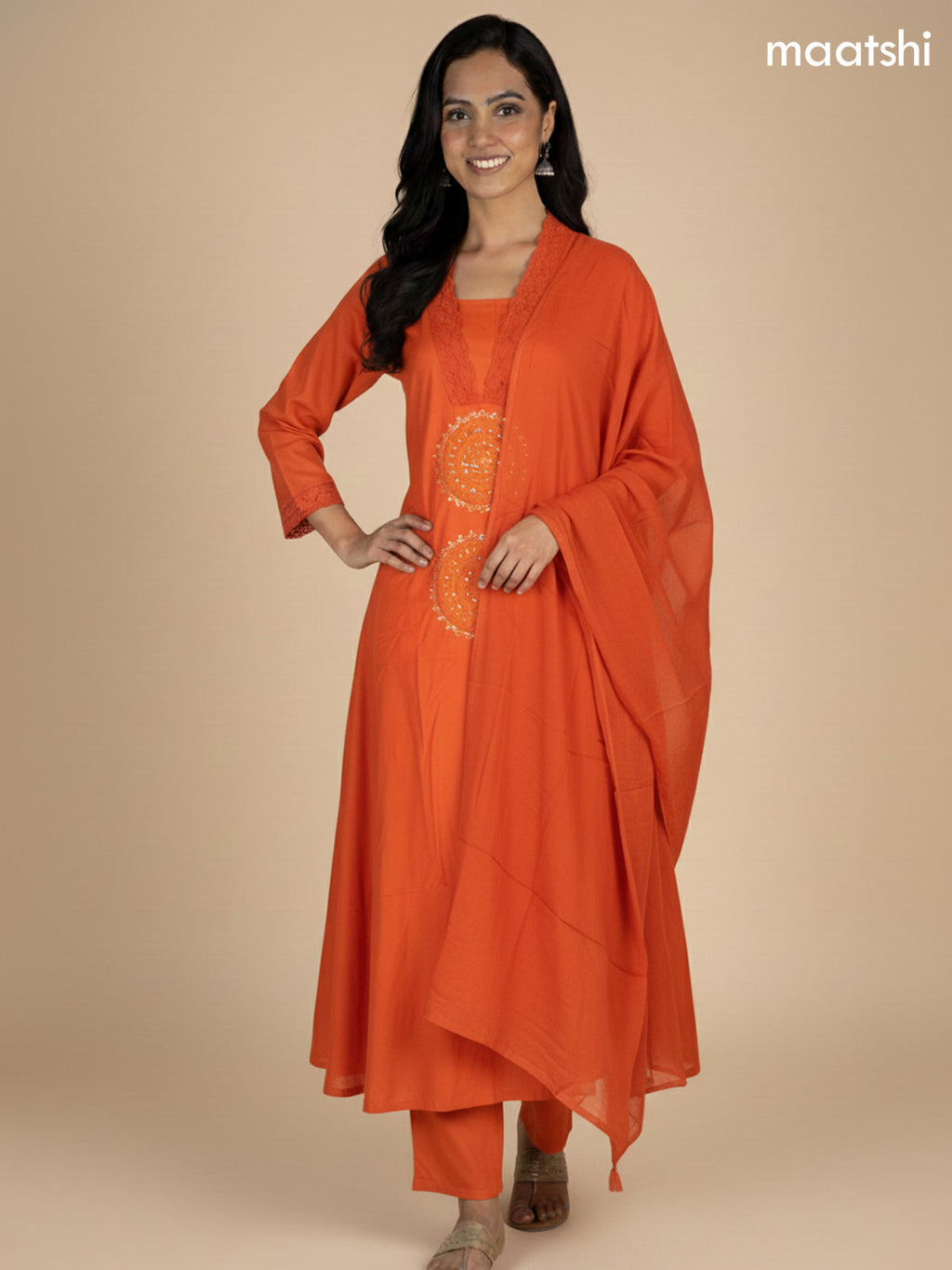 Rustic Orange Cotton Embroidery Work A-Line Suit